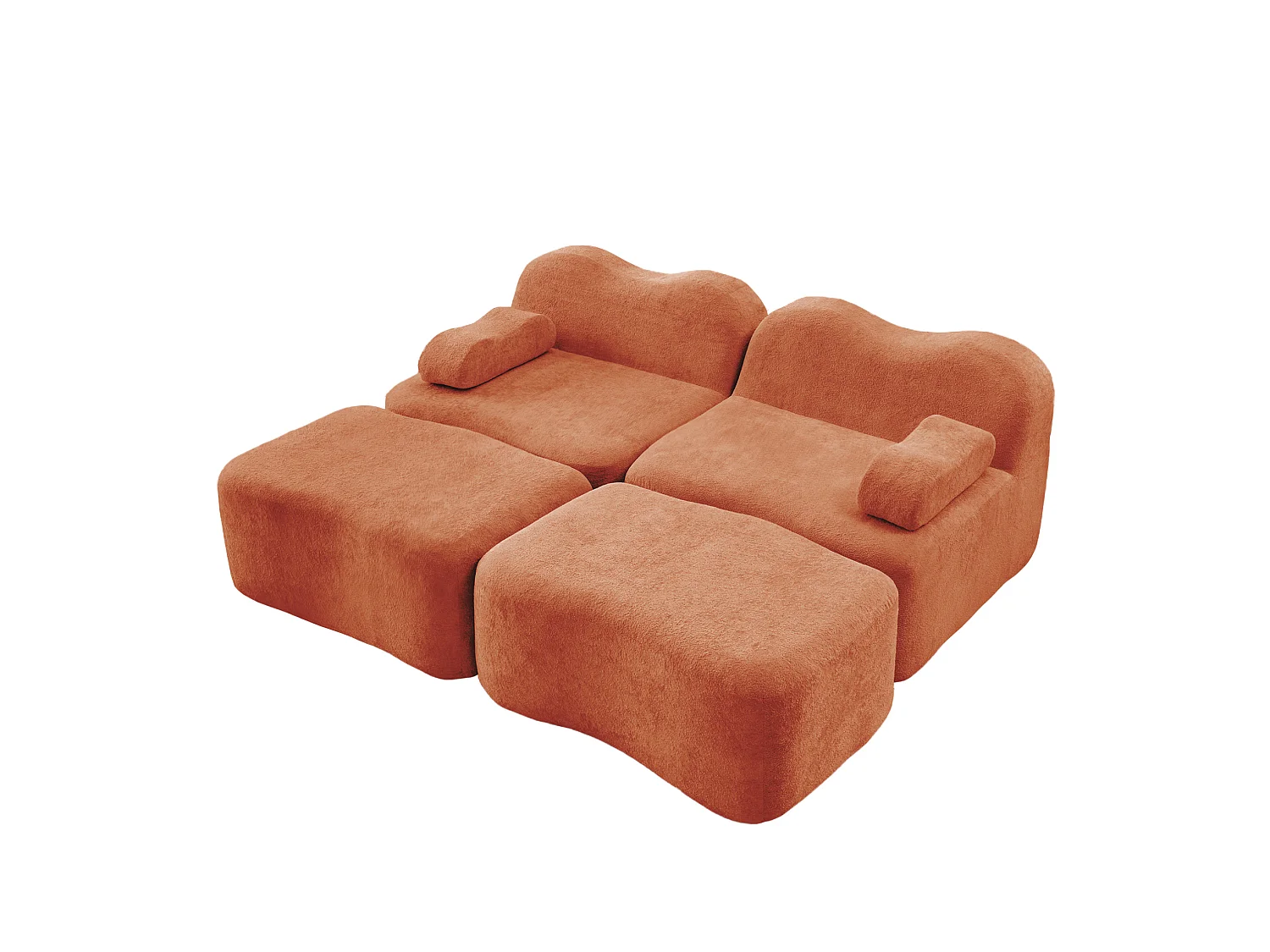 Canapé modulable 2 places en velours avec 2 poufs - Forme ondulée - Orange