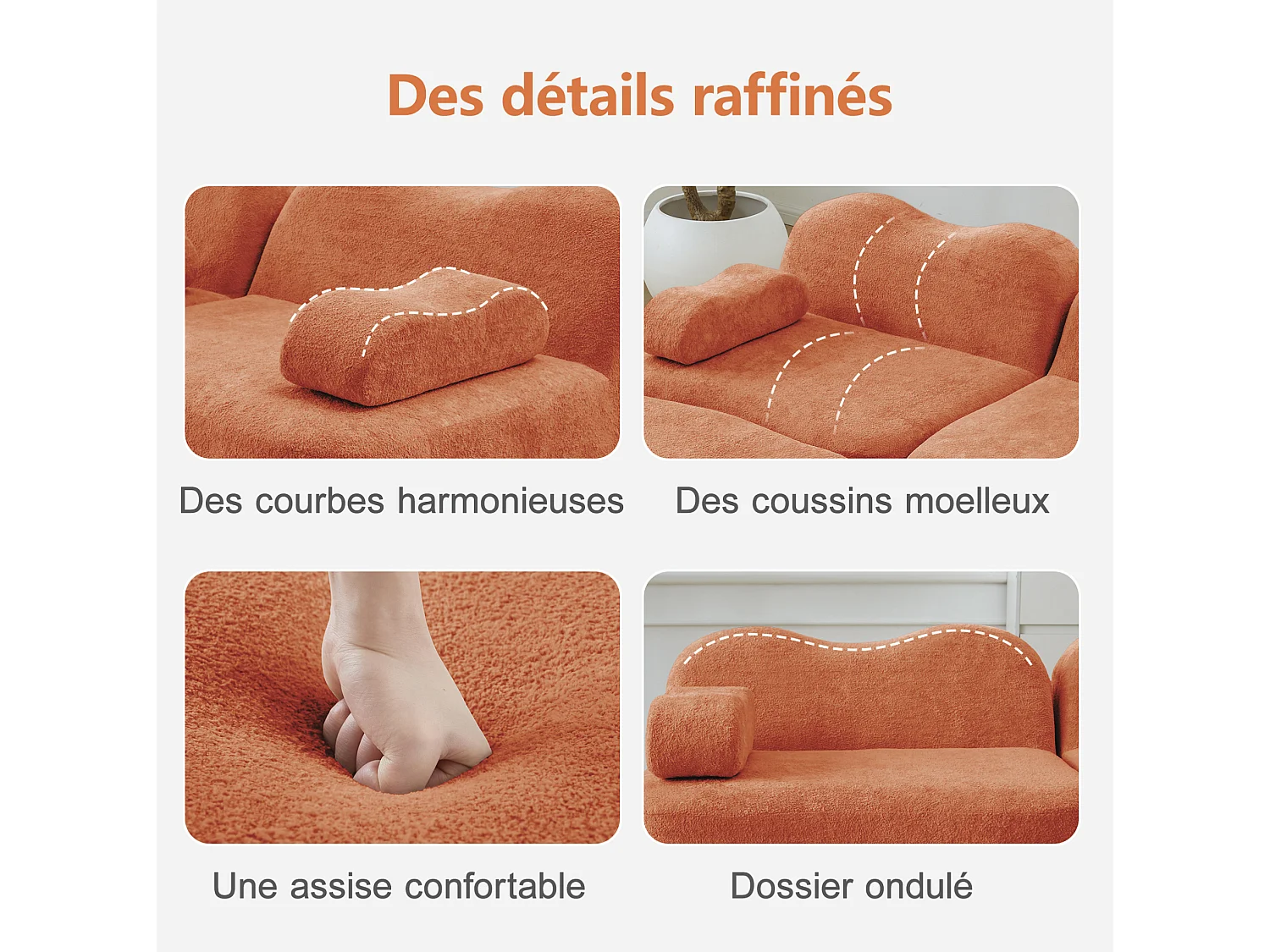Canapé modulable 2 places en velours avec 2 poufs - Forme ondulée - Orange