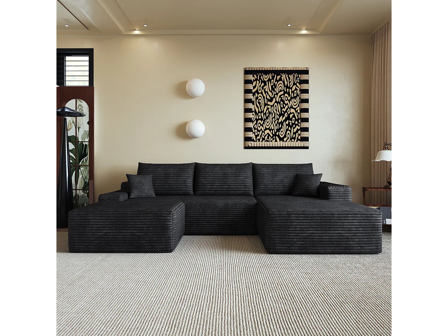 Canapé d'angle modulable 3 places 270 cm en velours côtelé avec pouf - Noir