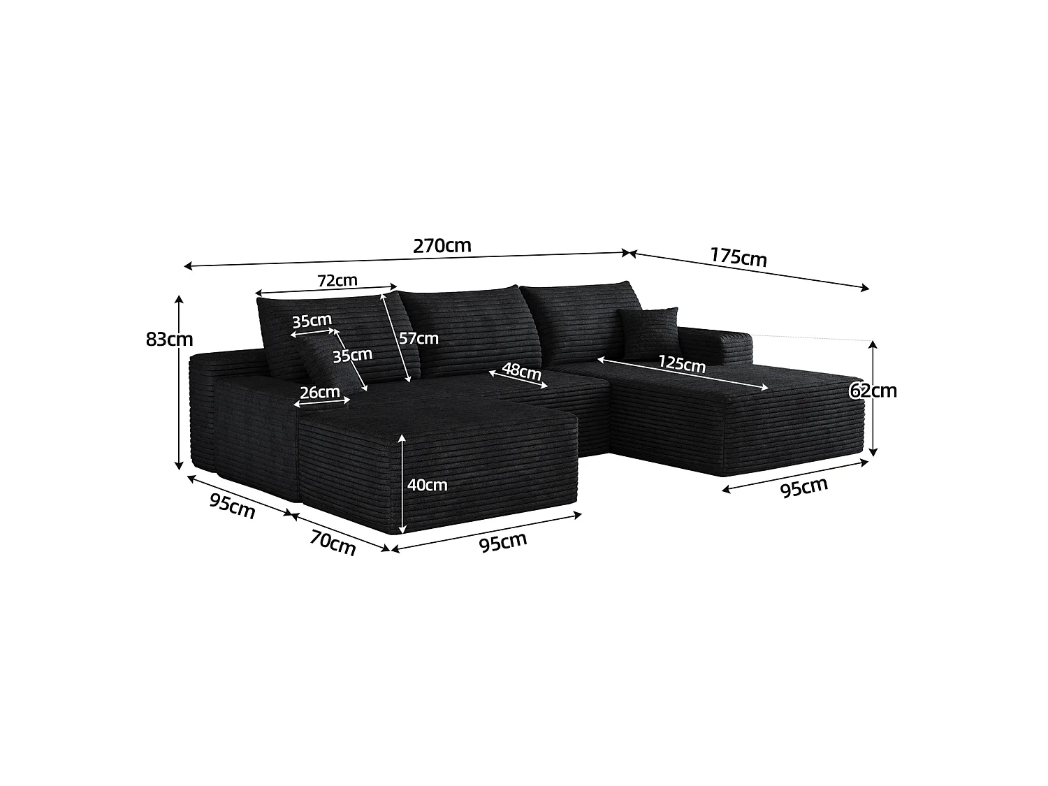 Canapé d'angle modulable 3 places 270 cm en velours côtelé avec pouf - Noir