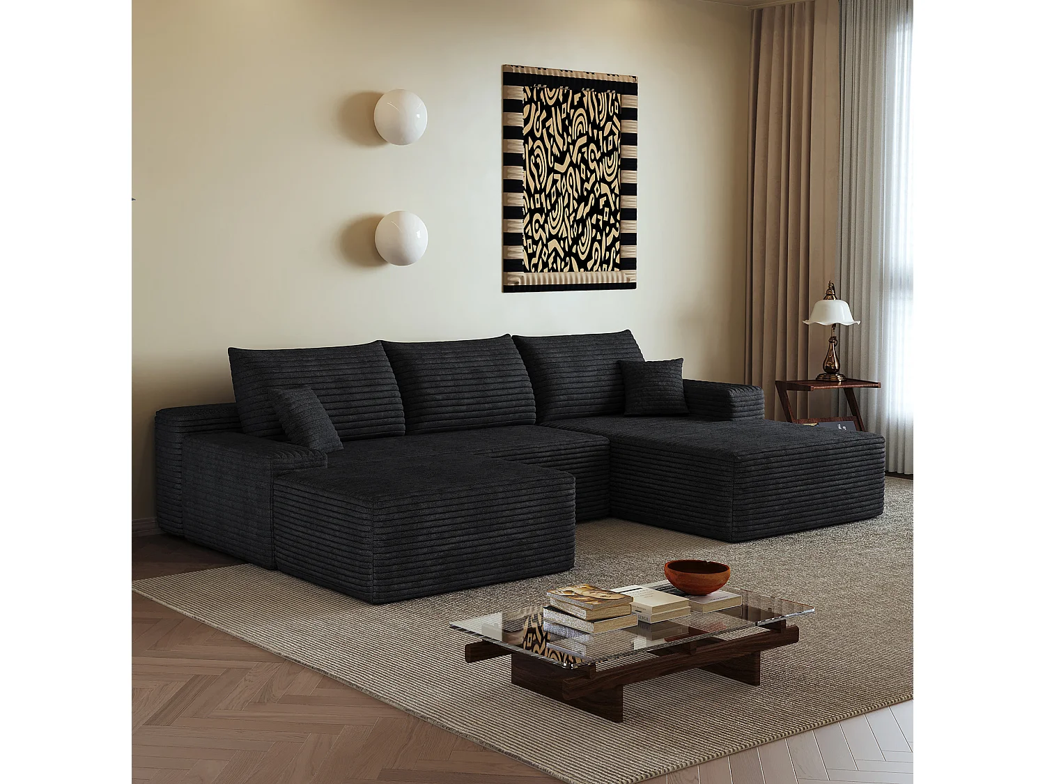 Canapé d'angle modulable 3 places 270 cm en velours côtelé avec pouf - Noir