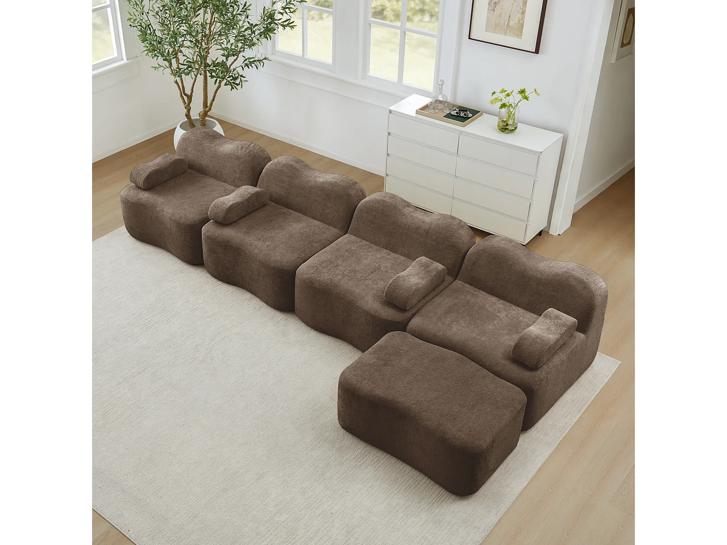 Sofá modular de 4 plazas, 384 cm, en terciopelo con otomana - Marrón