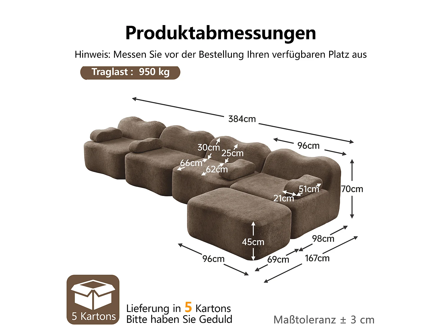 Sofá modular de 4 plazas, 384 cm, en terciopelo con otomana - Marrón