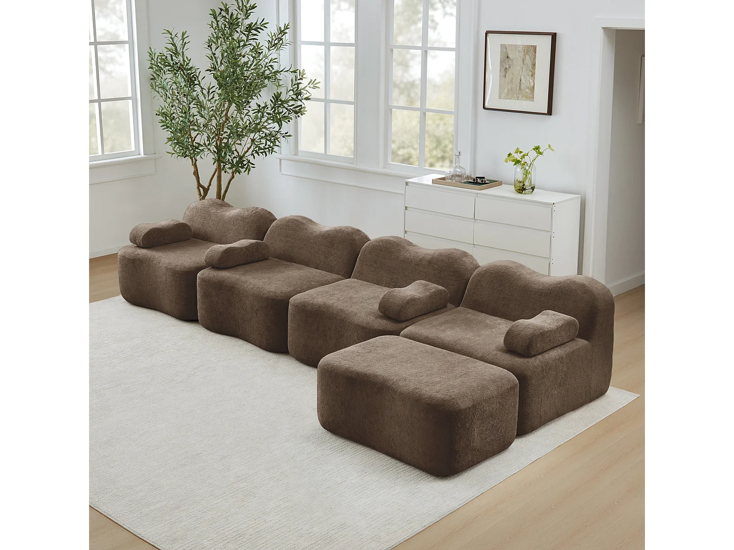 Sofá modular de 4 plazas, 384 cm, en terciopelo con otomana - Marrón