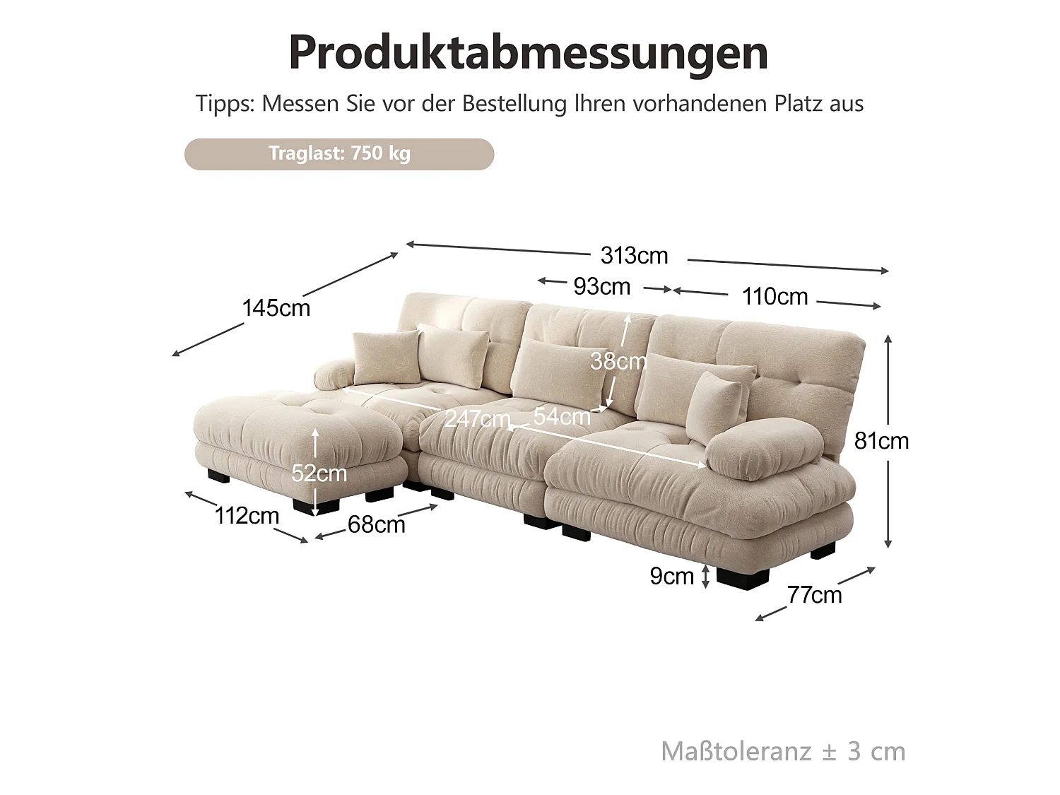Canapé modulable 3 places 313 cm avec pouf - Tissu chenille marron clair