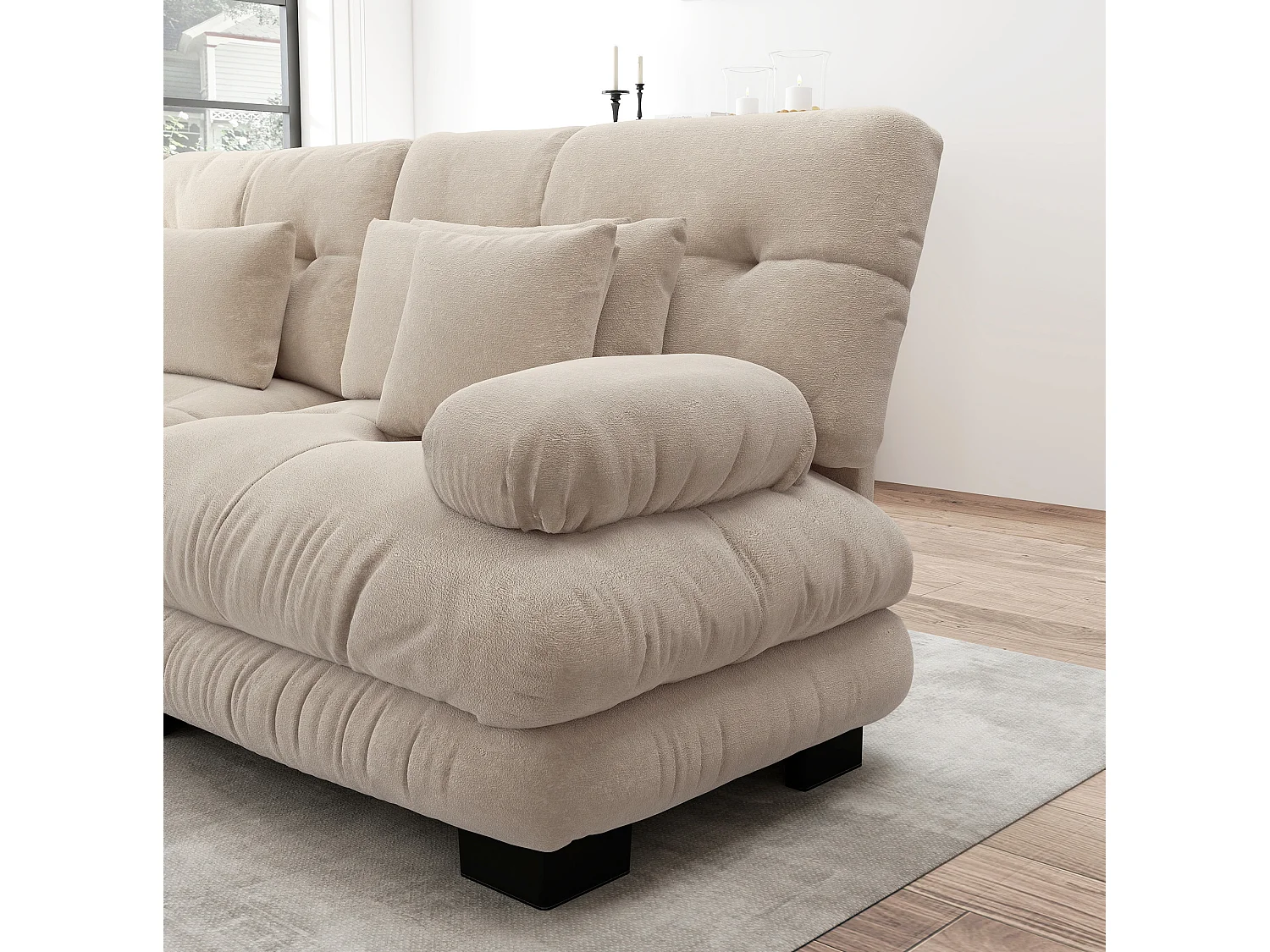Canapé modulable 3 places 313 cm avec pouf - Tissu chenille marron clair