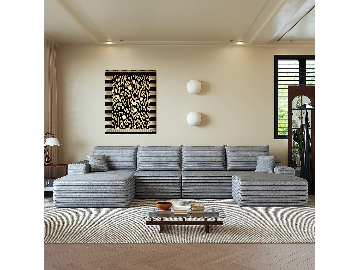 Canapé d'angle modulaire 4 places avec pouf - Velours côtelé gris