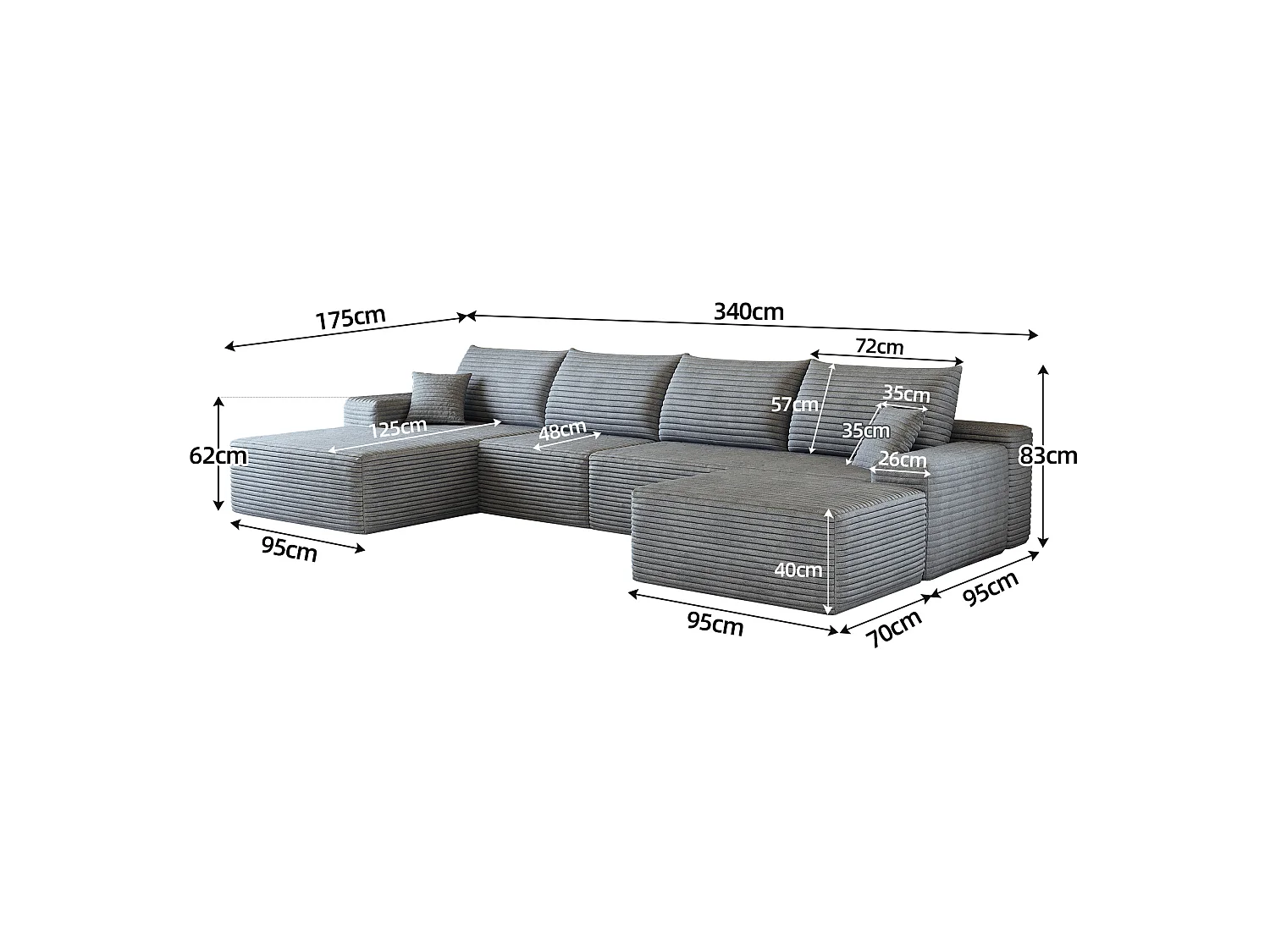 Canapé d'angle modulaire 4 places avec pouf - Velours côtelé gris