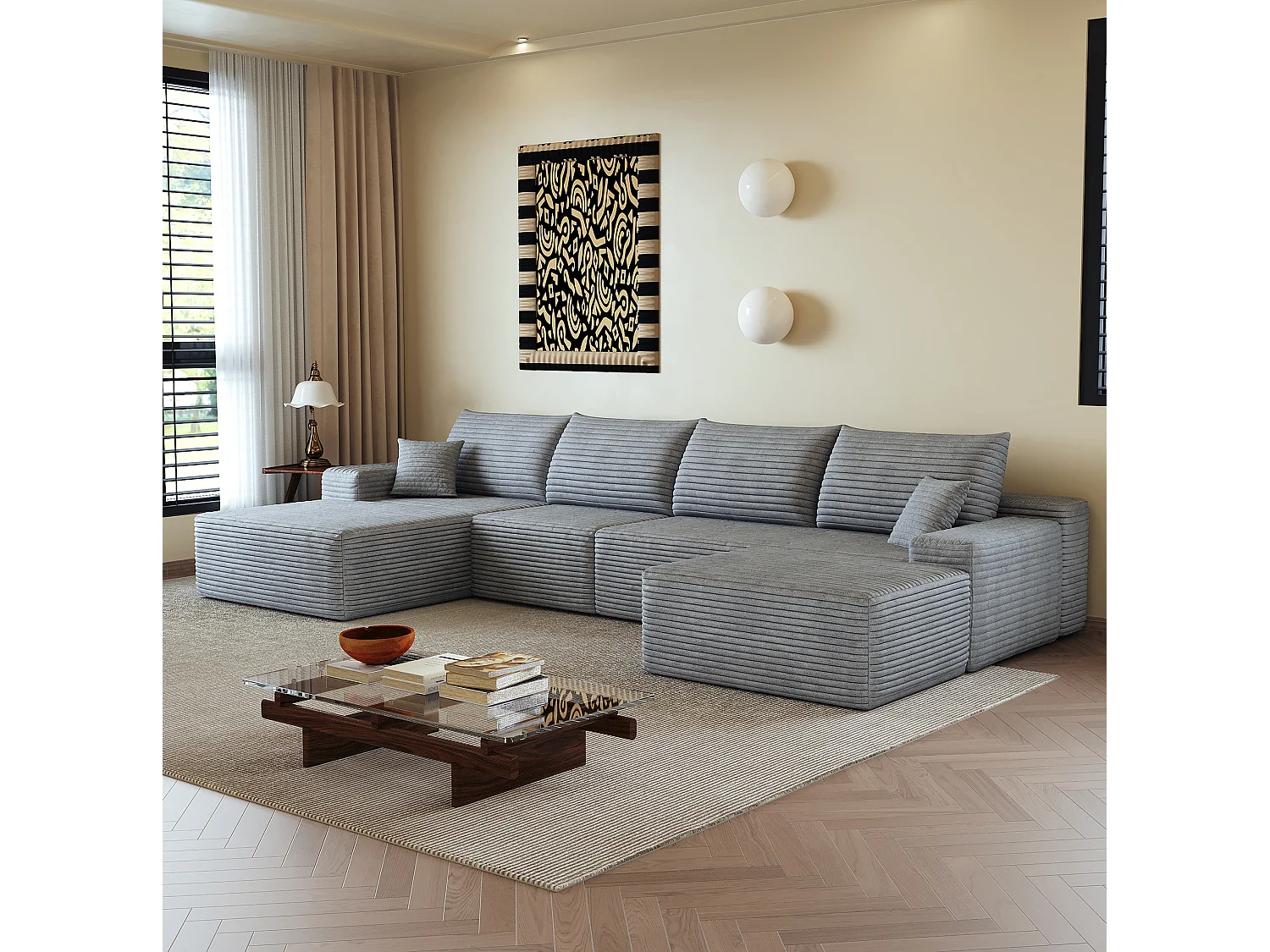 Canapé d'angle modulaire 4 places avec pouf - Velours côtelé gris