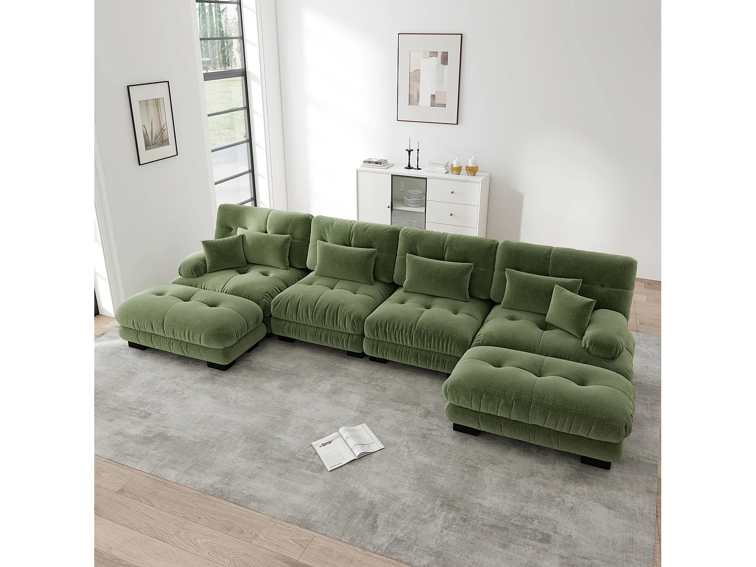Divano angolare modulare a U a 4 posti, 406 cm, in ciniglia con 2 pouf - Verde