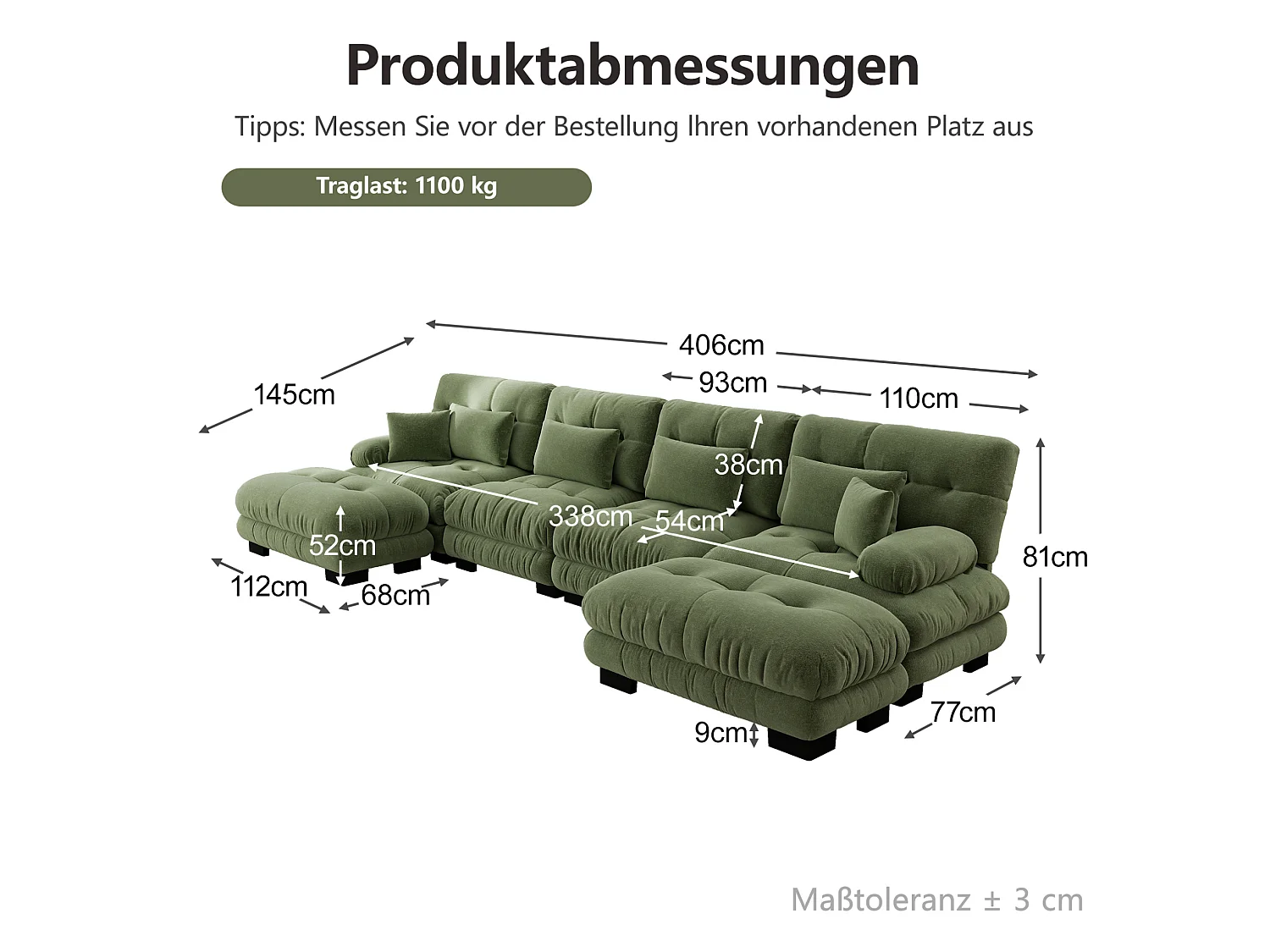 Divano angolare modulare a U a 4 posti, 406 cm, in ciniglia con 2 pouf - Verde