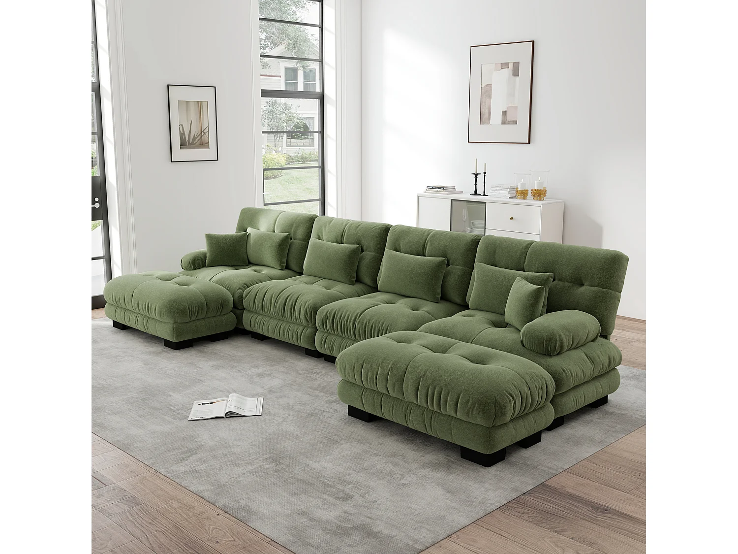 Divano angolare modulare a U a 4 posti, 406 cm, in ciniglia con 2 pouf - Verde