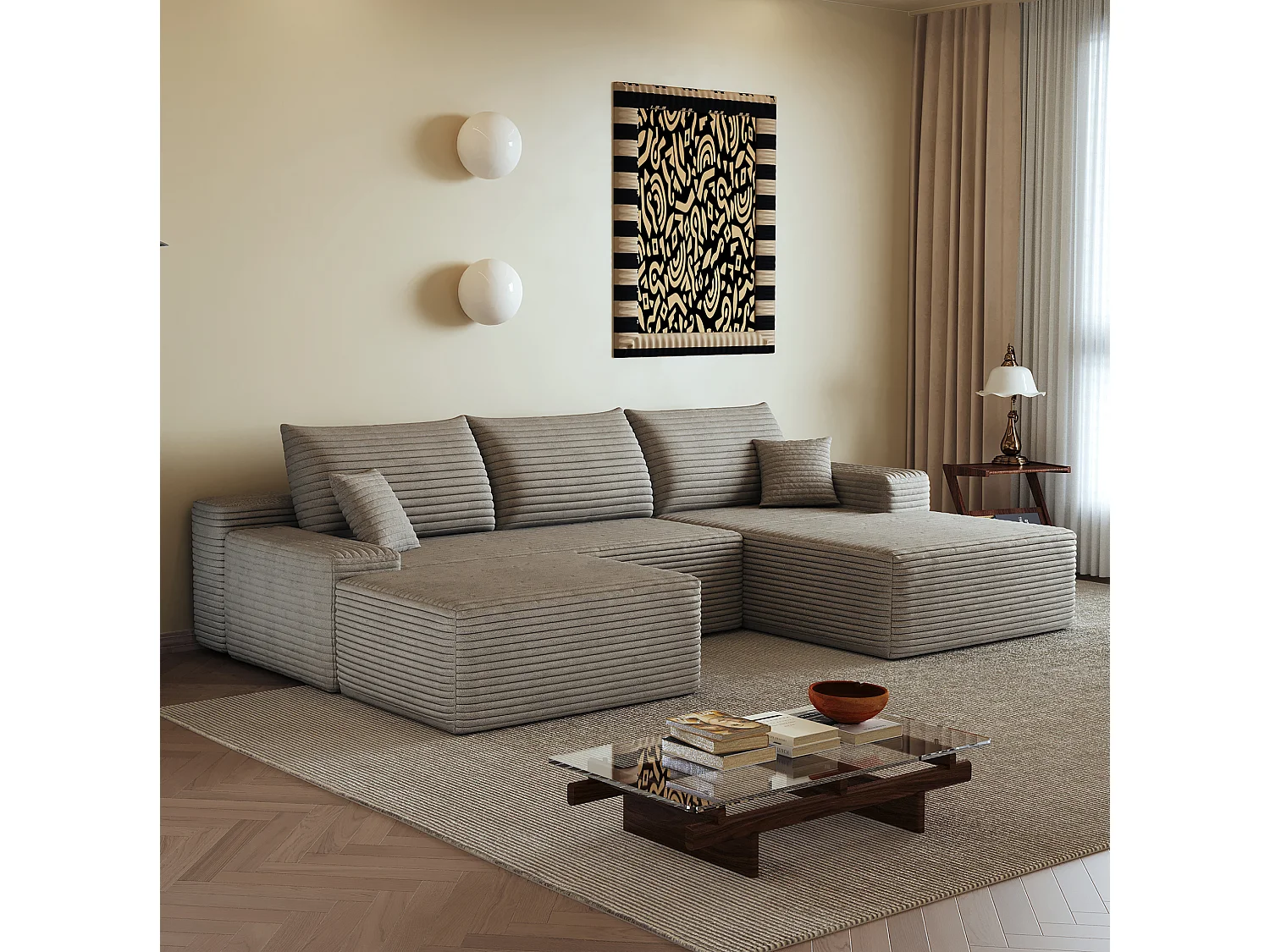 Canapé d'angle modulable 3 places 270 cm en velours côtelé avec pouf - Camel