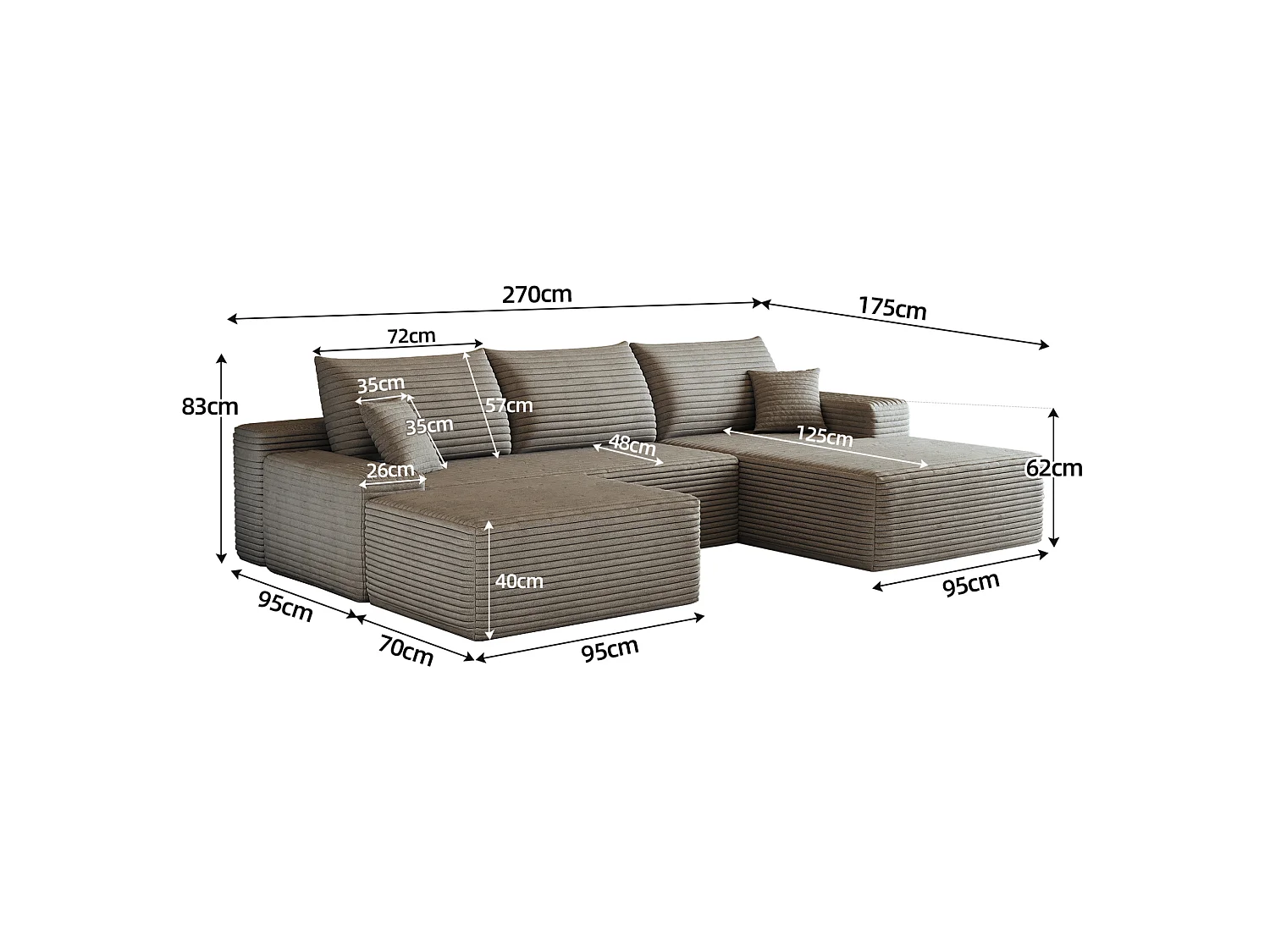 Canapé d'angle modulable 3 places 270 cm en velours côtelé avec pouf - Camel