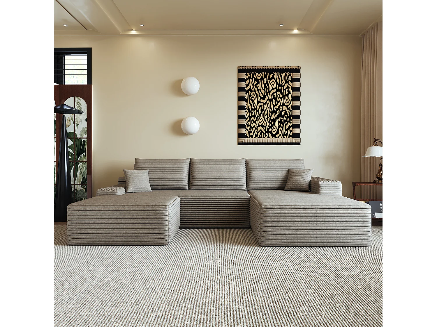 Canapé d'angle modulable 3 places 270 cm en velours côtelé avec pouf - Camel