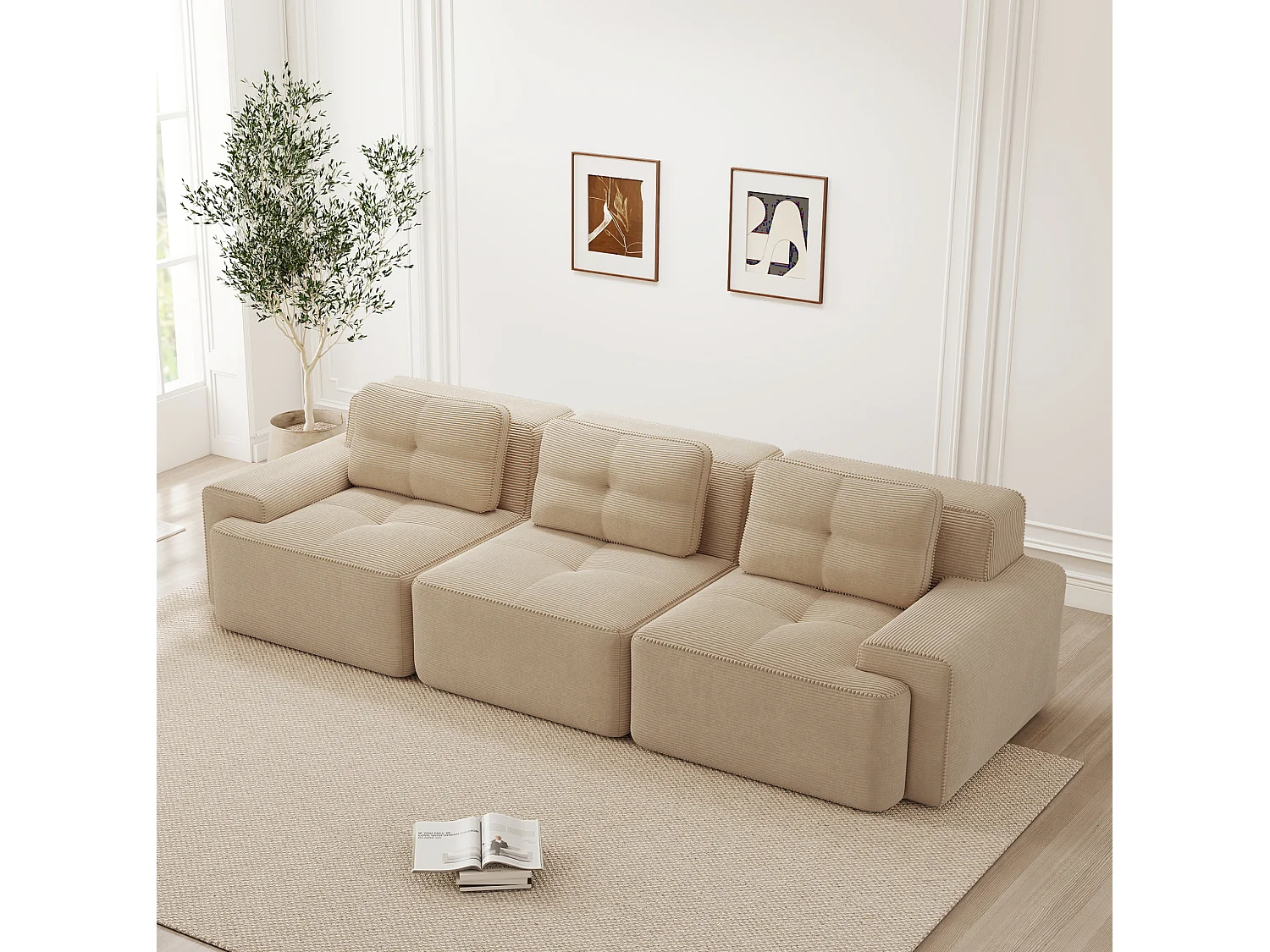 Canapé modulable 3 places avec 3 coussins et assise profonde 74 cm - Beige
