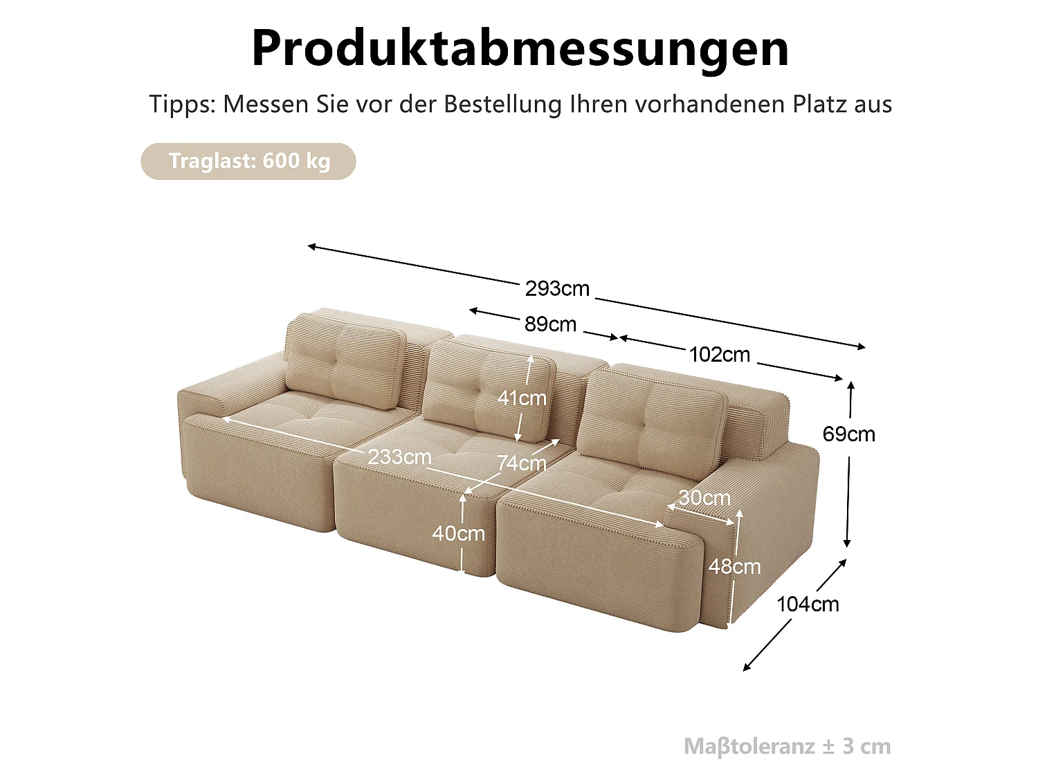 Canapé modulable 3 places avec 3 coussins et assise profonde 74 cm - Beige