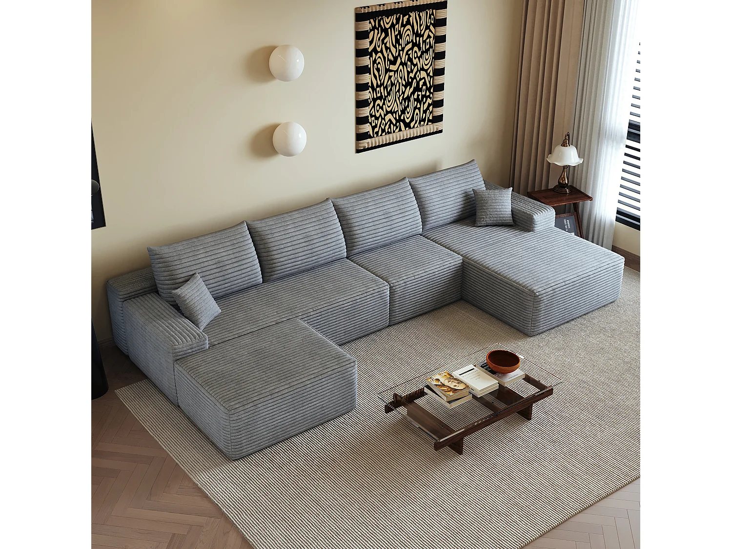 Canapé d'angle modulaire 4 places en velours côtelé avec pouf - Gris