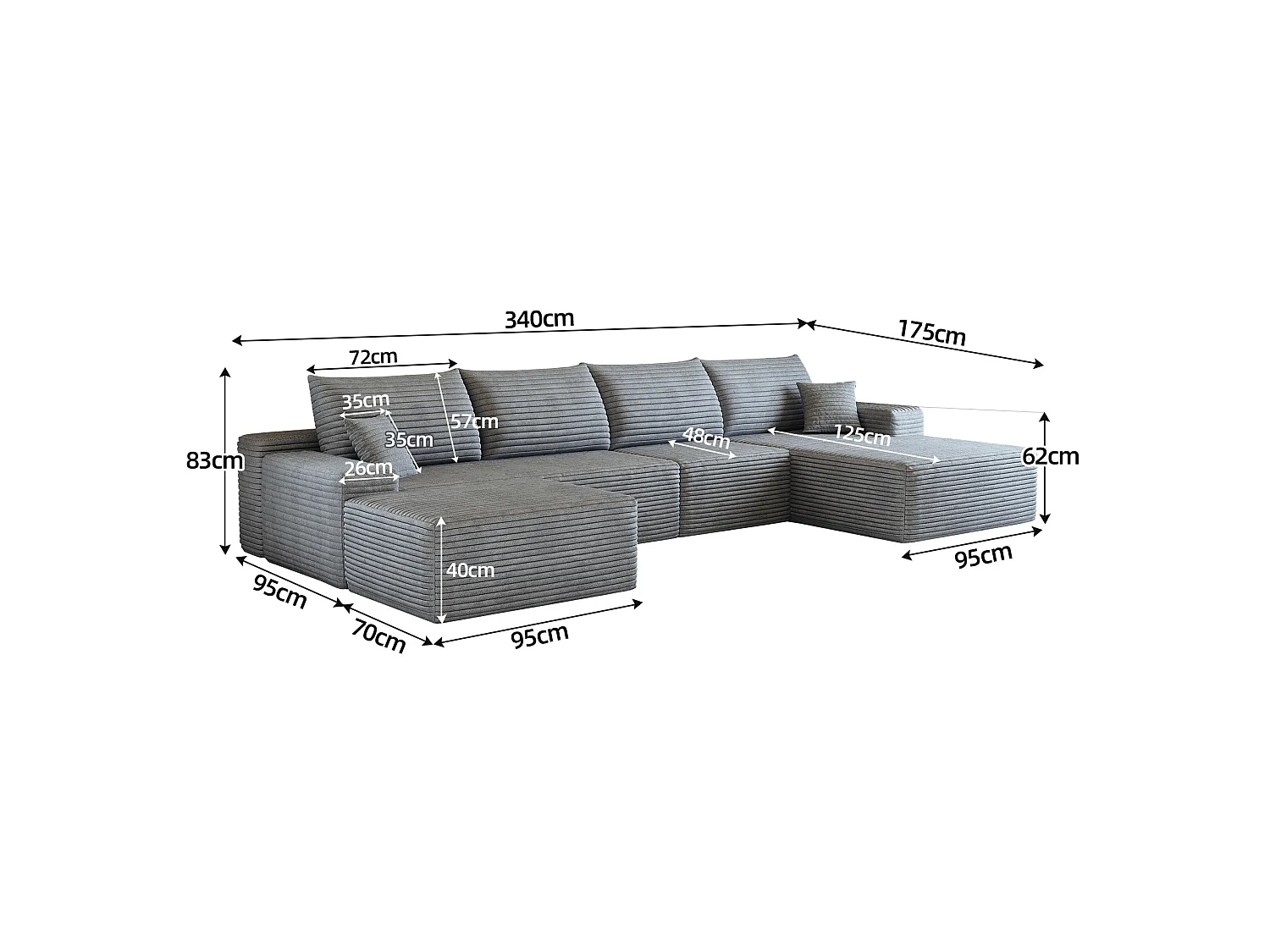 Canapé d'angle modulaire 4 places en velours côtelé avec pouf - Gris