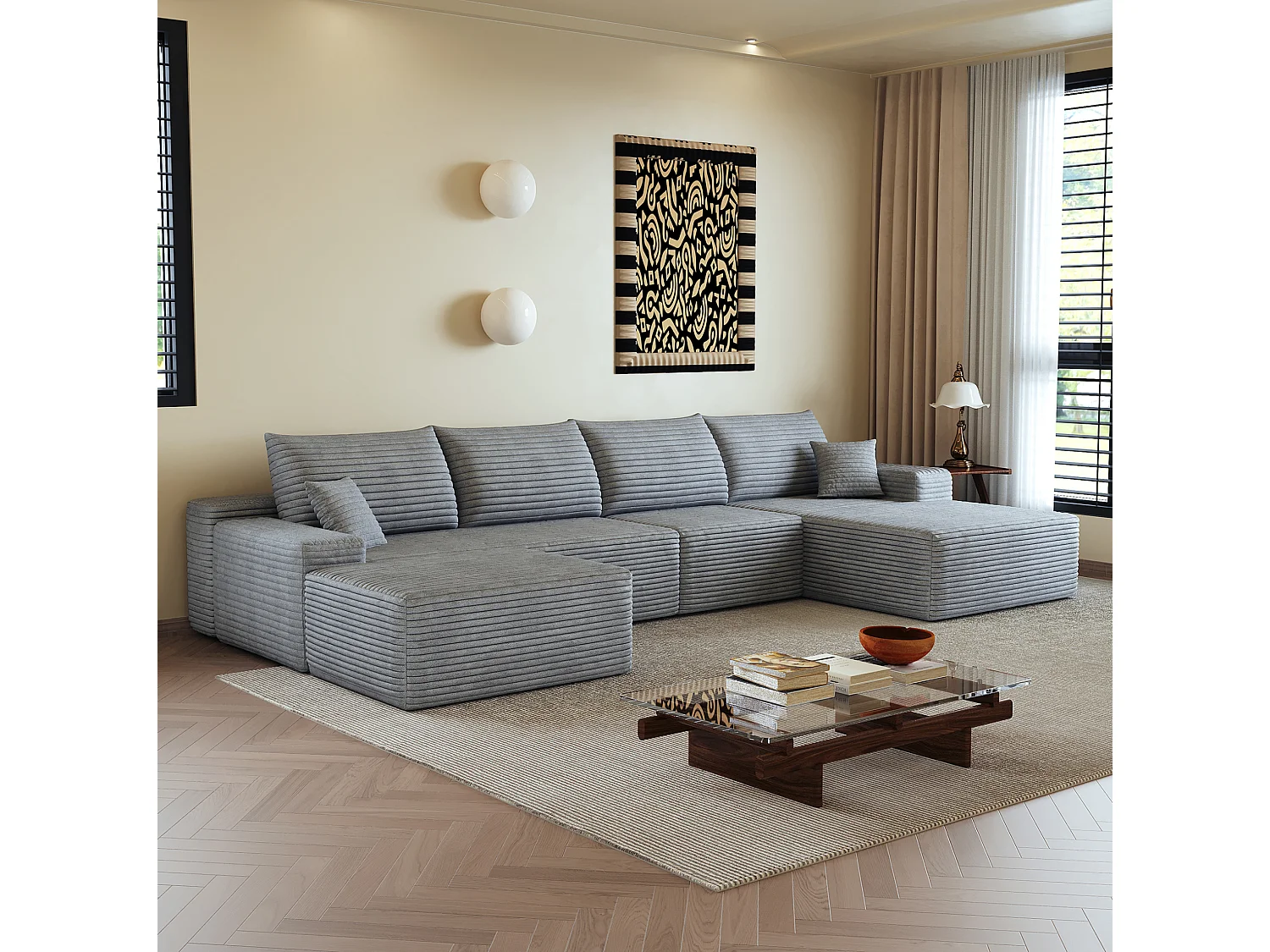 Canapé d'angle modulaire 4 places en velours côtelé avec pouf - Gris