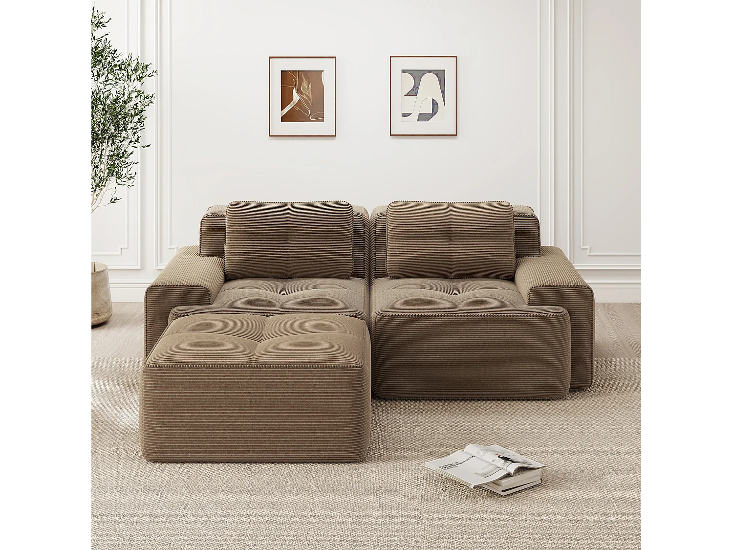 Sofá modular de 2 plazas de pana con otomana - Marrón