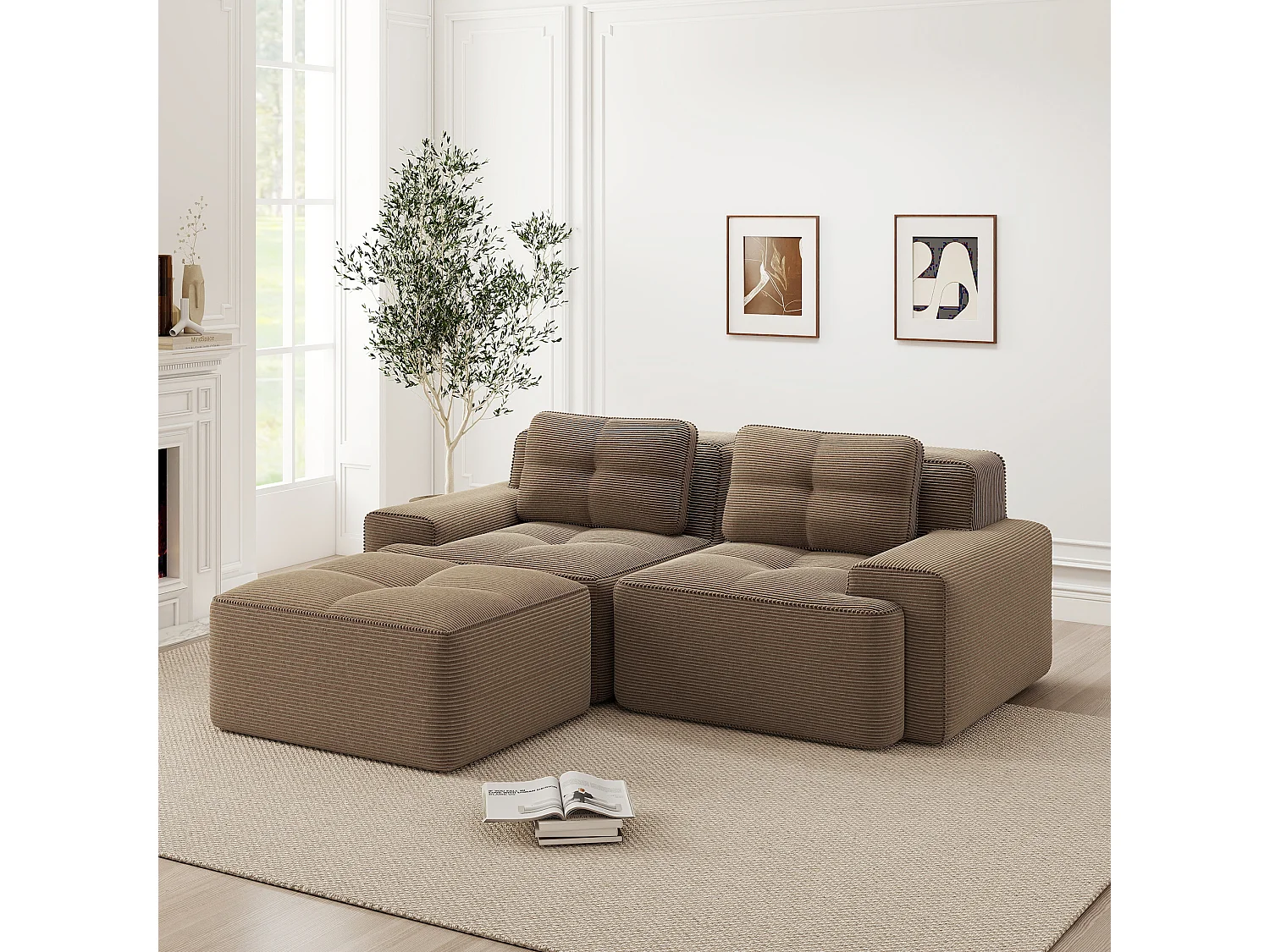 Sofá modular de 2 plazas de pana con otomana - Marrón