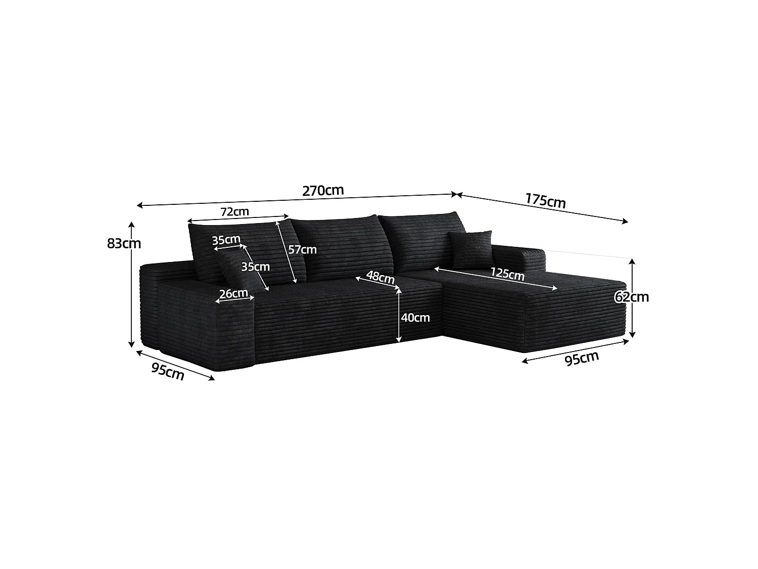 Canapé d'angle modulable 3 places 270 cm en tissu - Sans montage - Noir