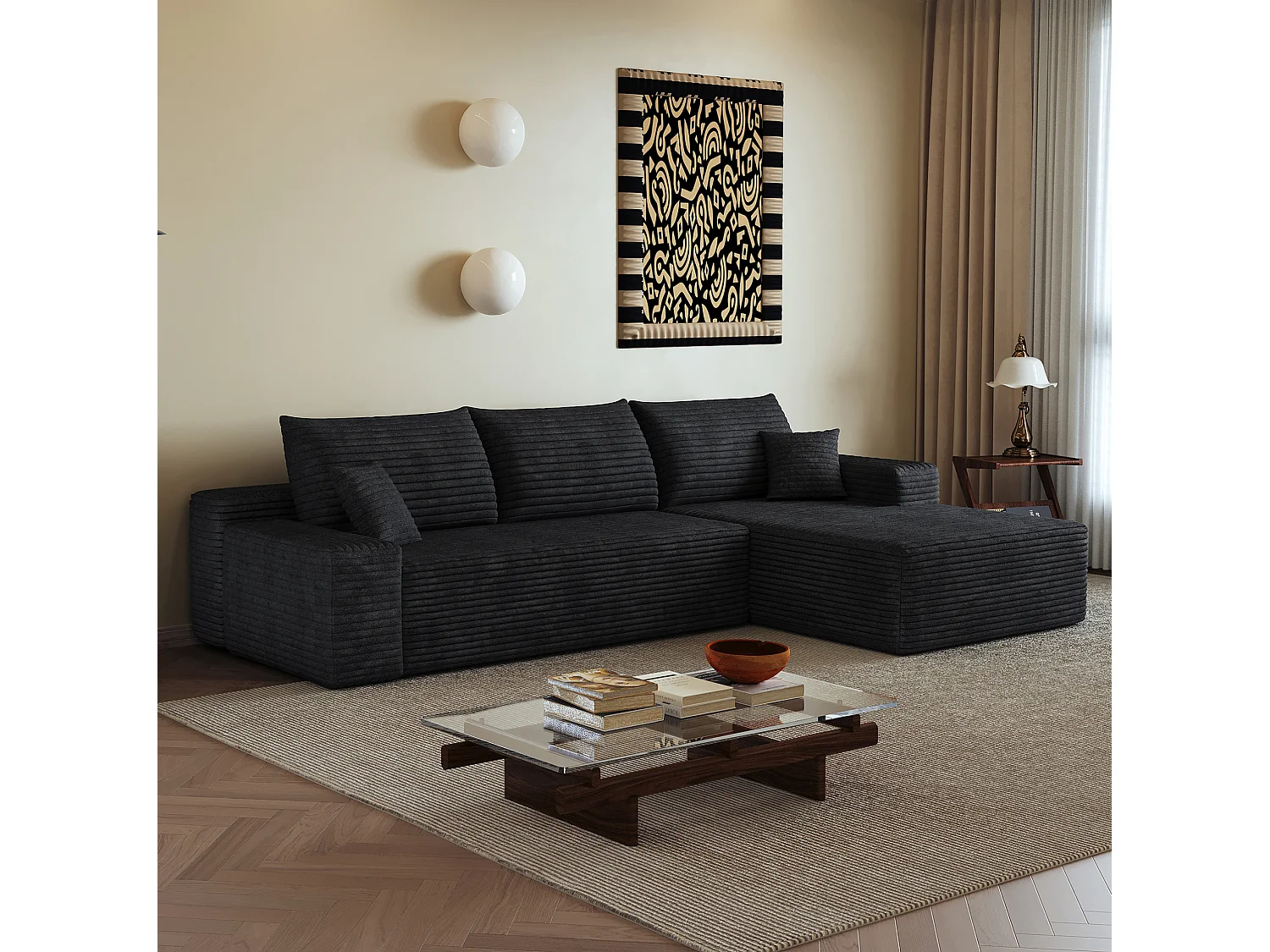 Canapé d'angle modulable 3 places 270 cm en tissu - Sans montage - Noir