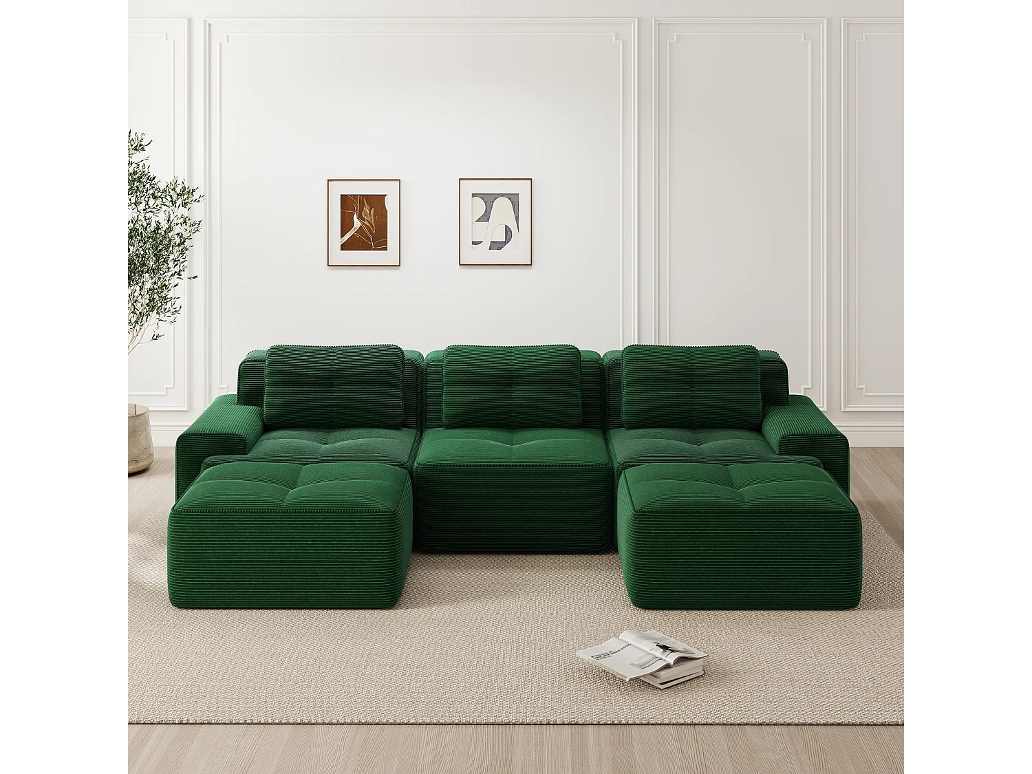 Canapé modulable en U 3 places avec 2 poufs et 3 coussins - Vert