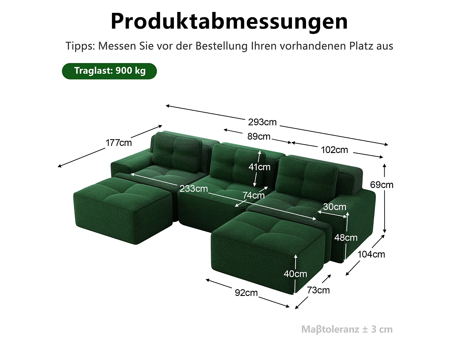 Canapé modulable en U 3 places avec 2 poufs et 3 coussins - Vert