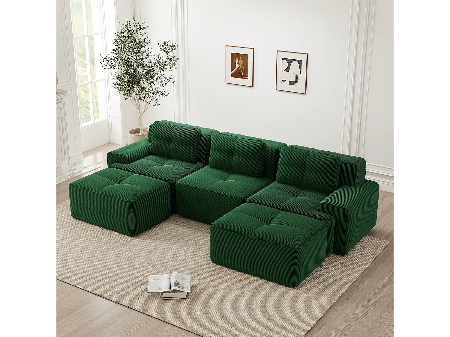 Canapé modulable en U 3 places avec 2 poufs et 3 coussins - Vert
