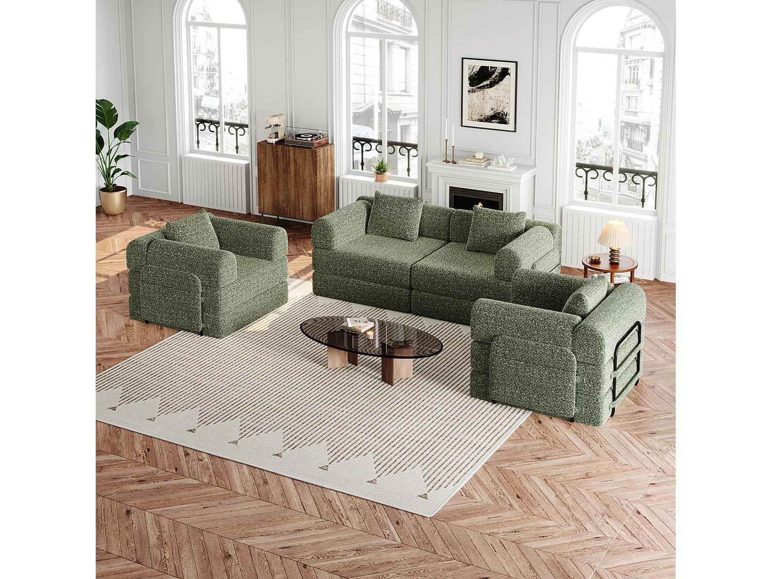 Sofá cama modular de 4 plazas de chenilla - Múltiples configuraciones - Verde