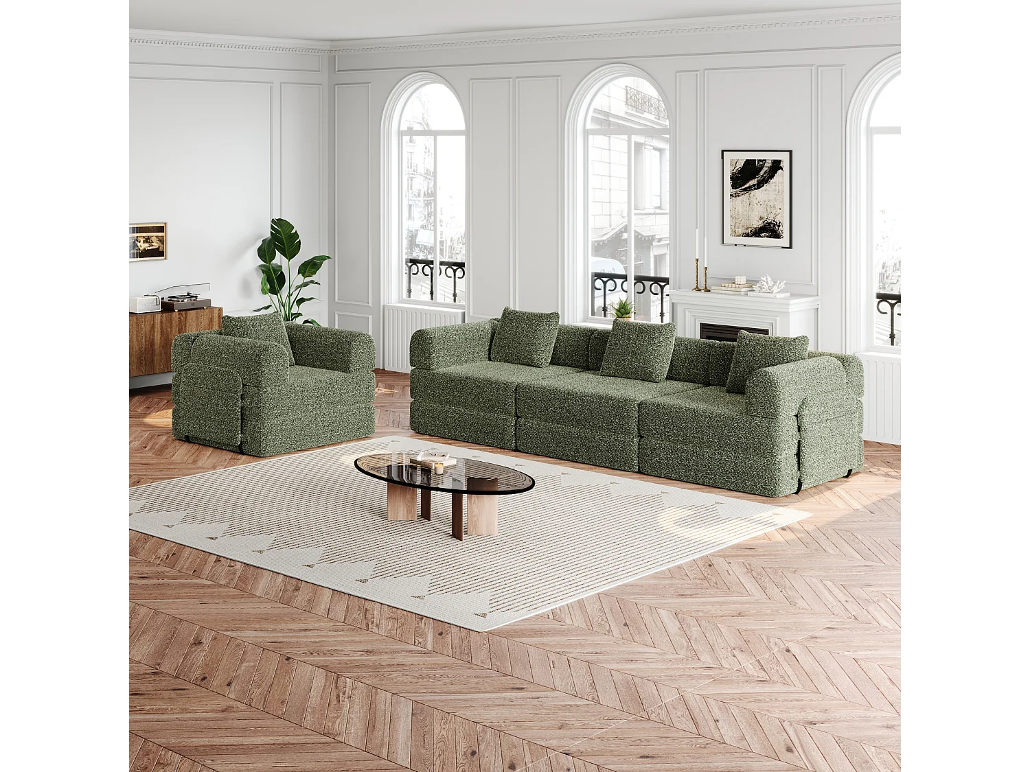 Sofá cama modular de 4 plazas de chenilla - Múltiples configuraciones - Verde