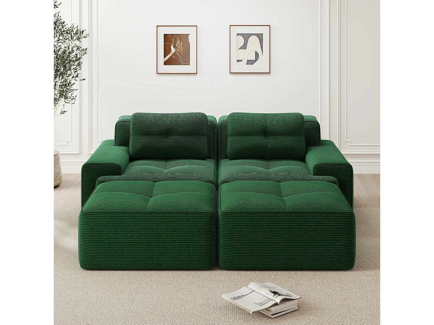 Sofá modular de pana de 2 plazas con 2 otomanas - Verde