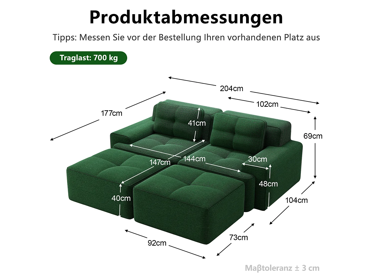 Sofá modular de pana de 2 plazas con 2 otomanas - Verde