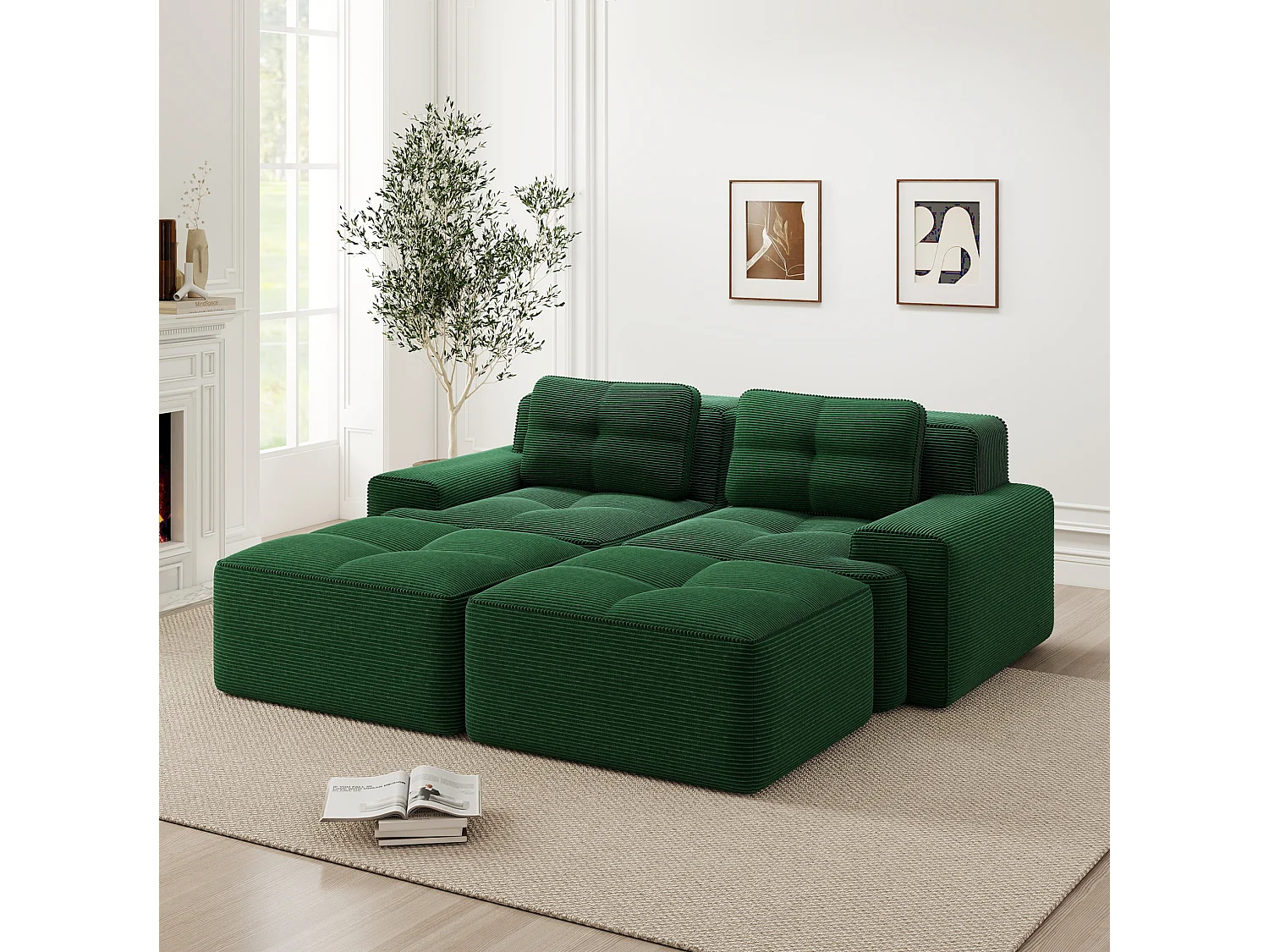Sofá modular de pana de 2 plazas con 2 otomanas - Verde