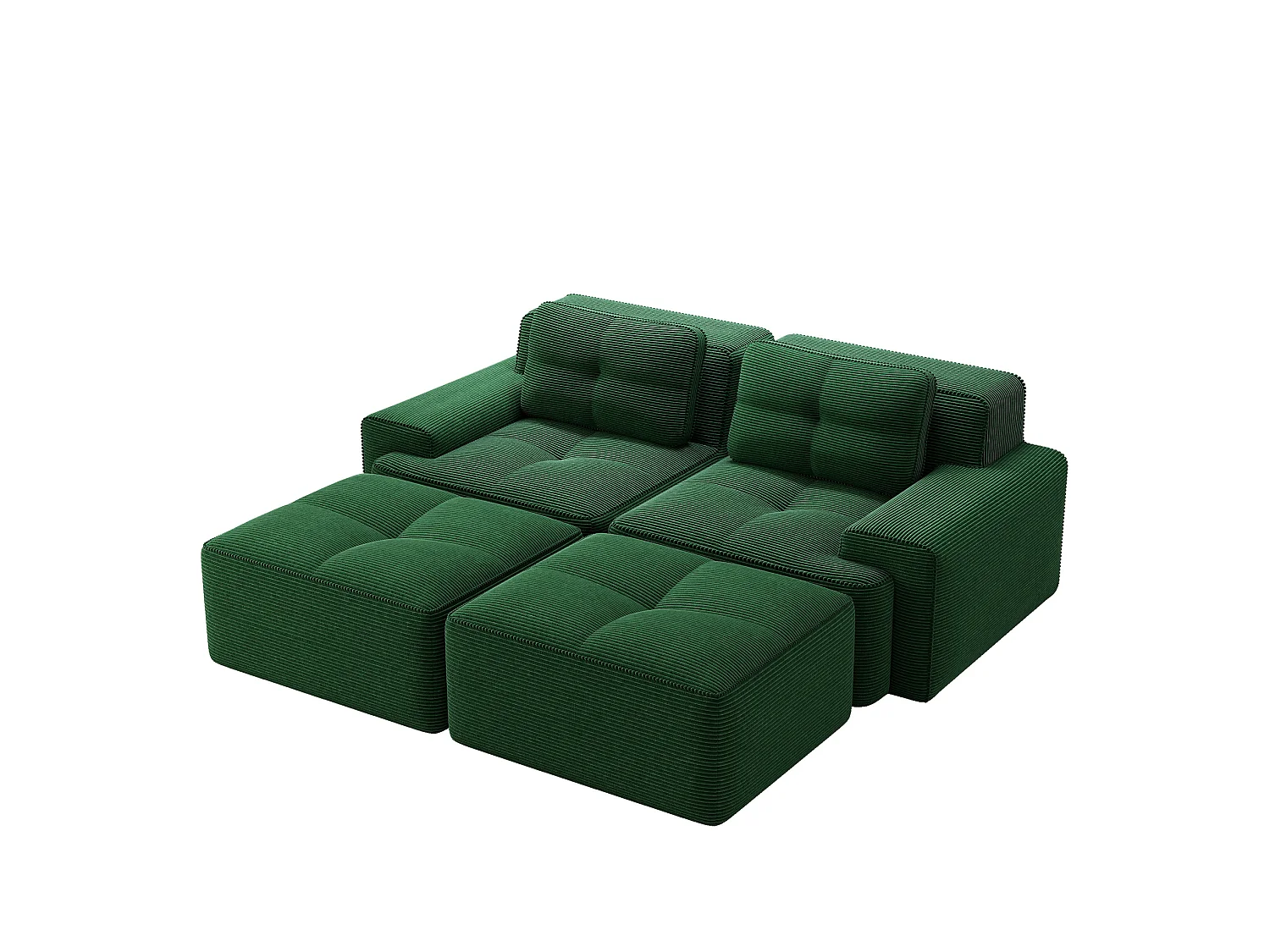 Sofá modular de pana de 2 plazas con 2 otomanas - Verde