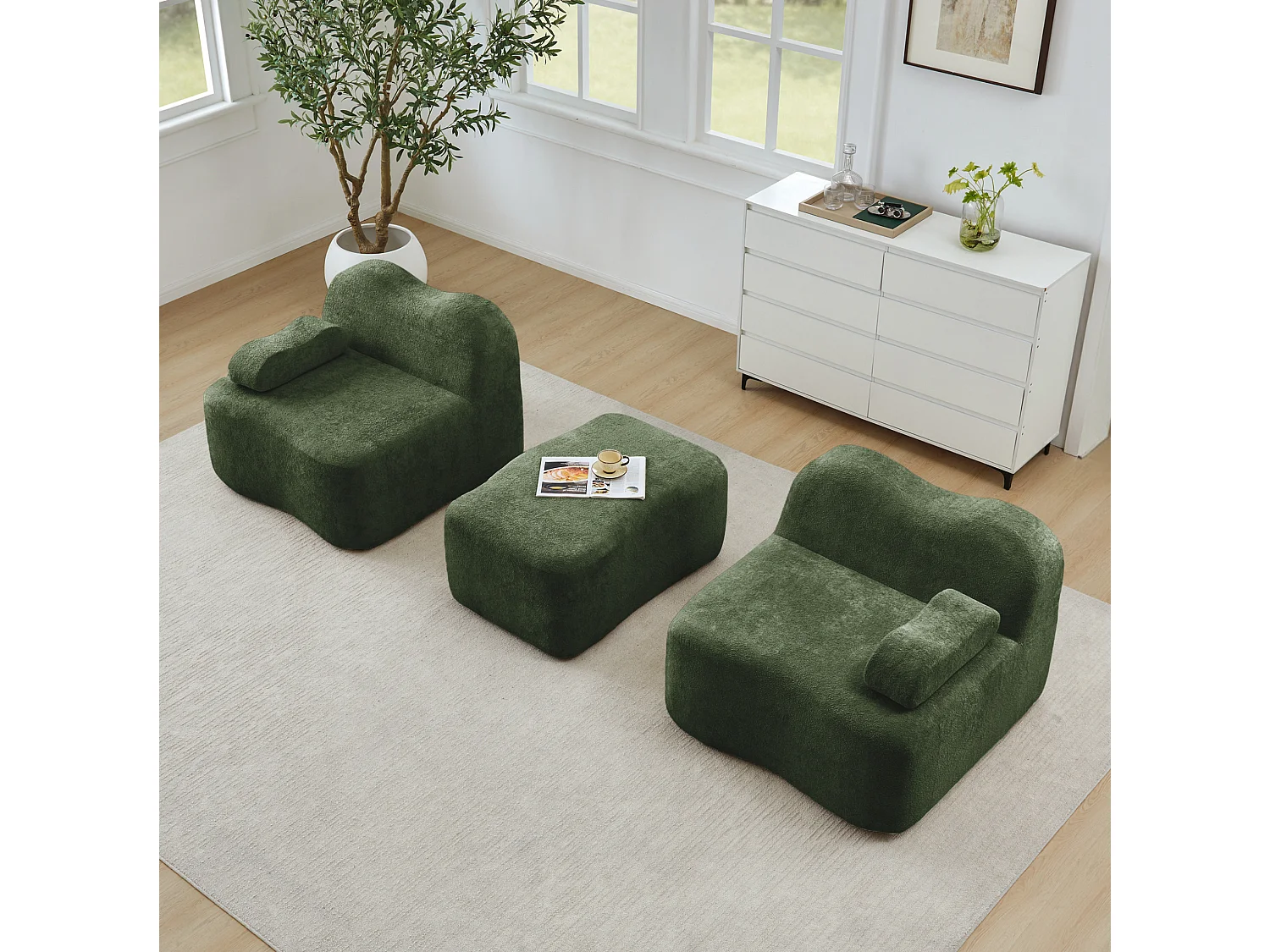 Sofá modular de 2 plazas de terciopelo con otomana - Forma ondulada - Verde