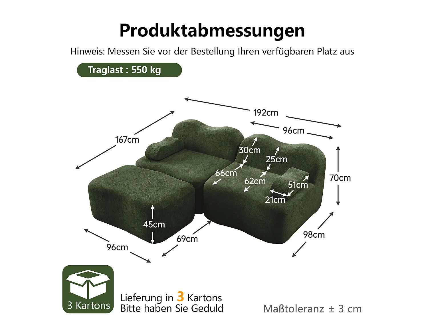 Sofá modular de 2 plazas de terciopelo con otomana - Forma ondulada - Verde