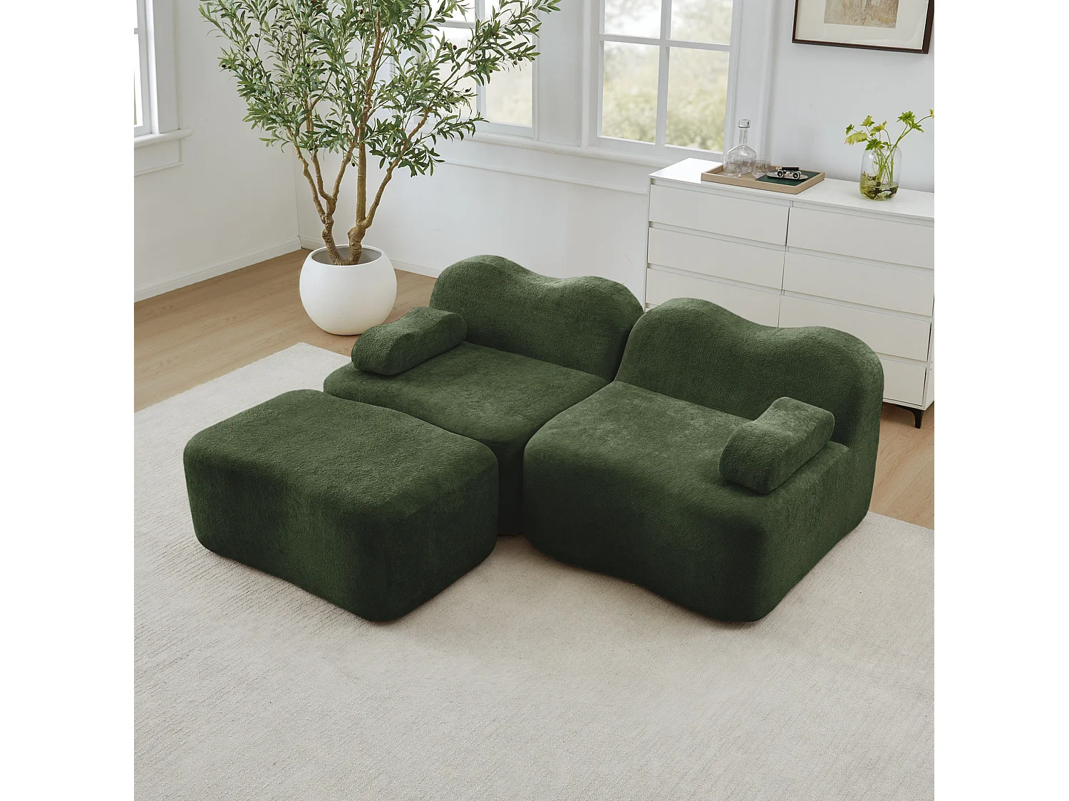 Sofá modular de 2 plazas de terciopelo con otomana - Forma ondulada - Verde