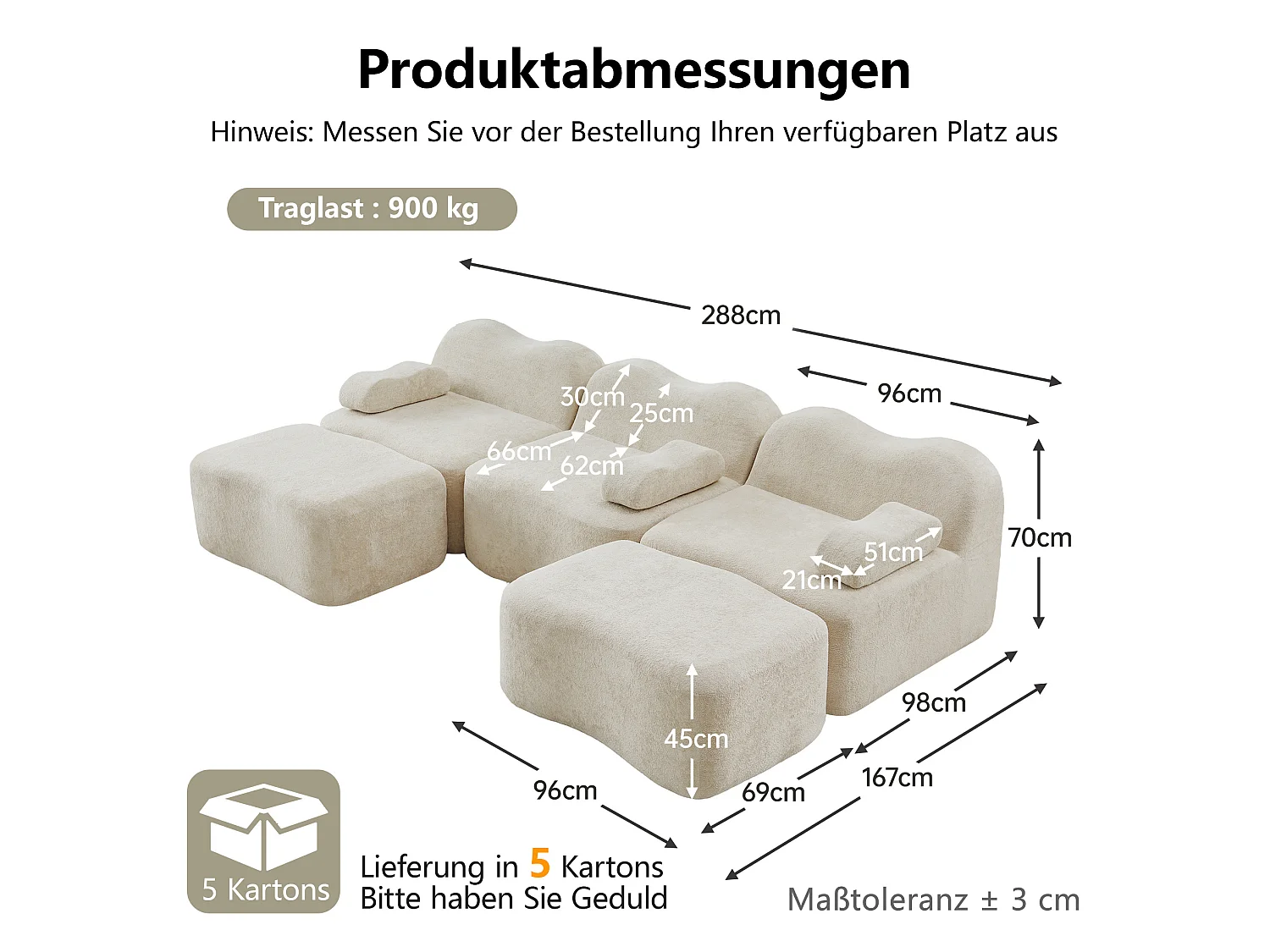 Sofá modular de 3 plazas de terciopelo con reposabrazos extraíbles y 2 otomanas - Naranja