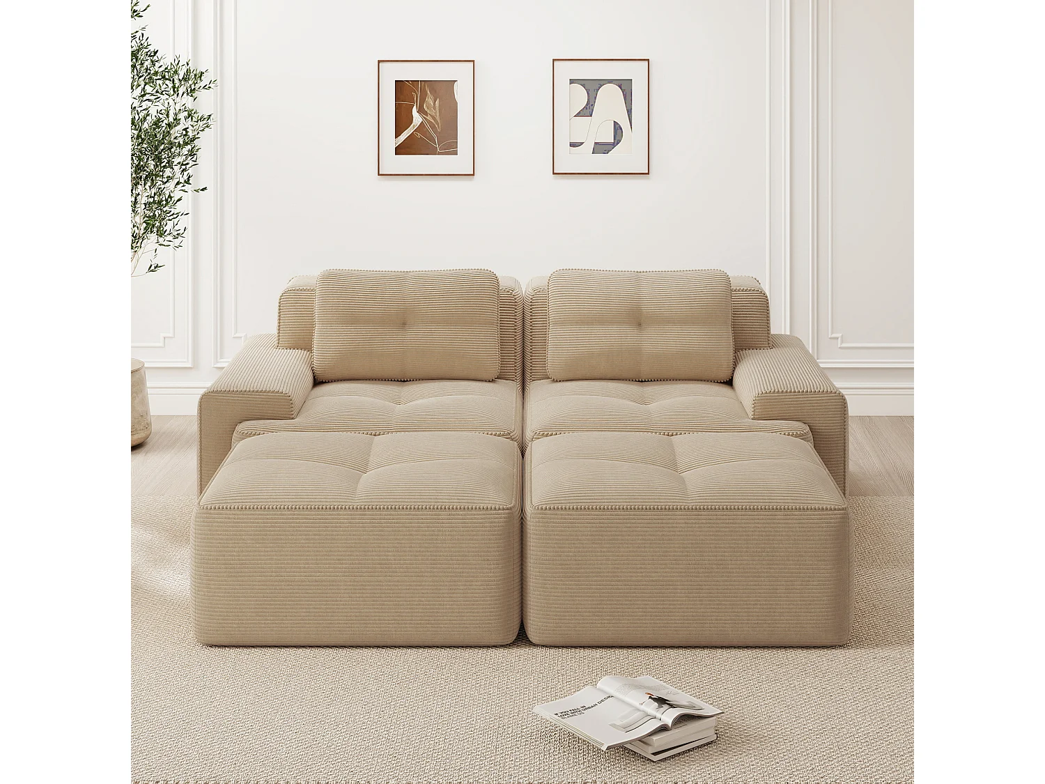 Sofá modular de pana de 2 plazas con 2 otomanas - Beige