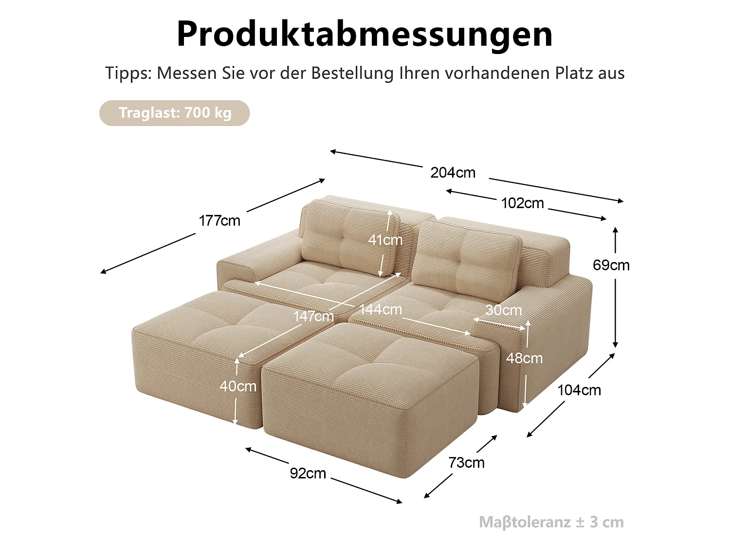 Sofá modular de pana de 2 plazas con 2 otomanas - Beige