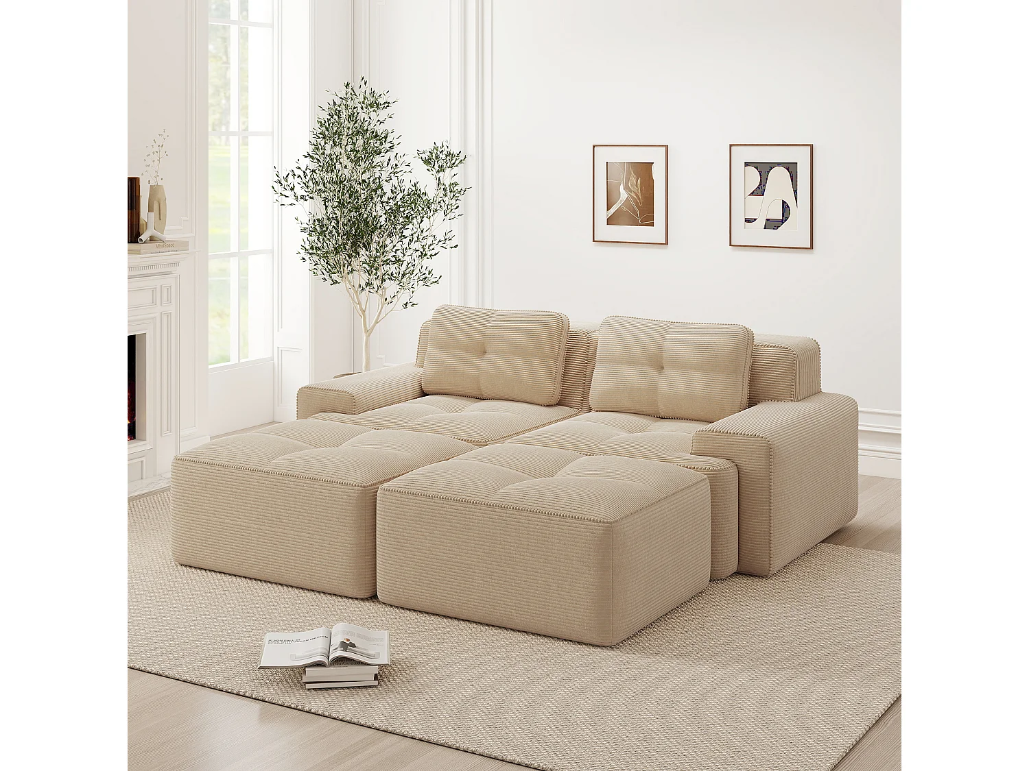Sofá modular de pana de 2 plazas con 2 otomanas - Beige