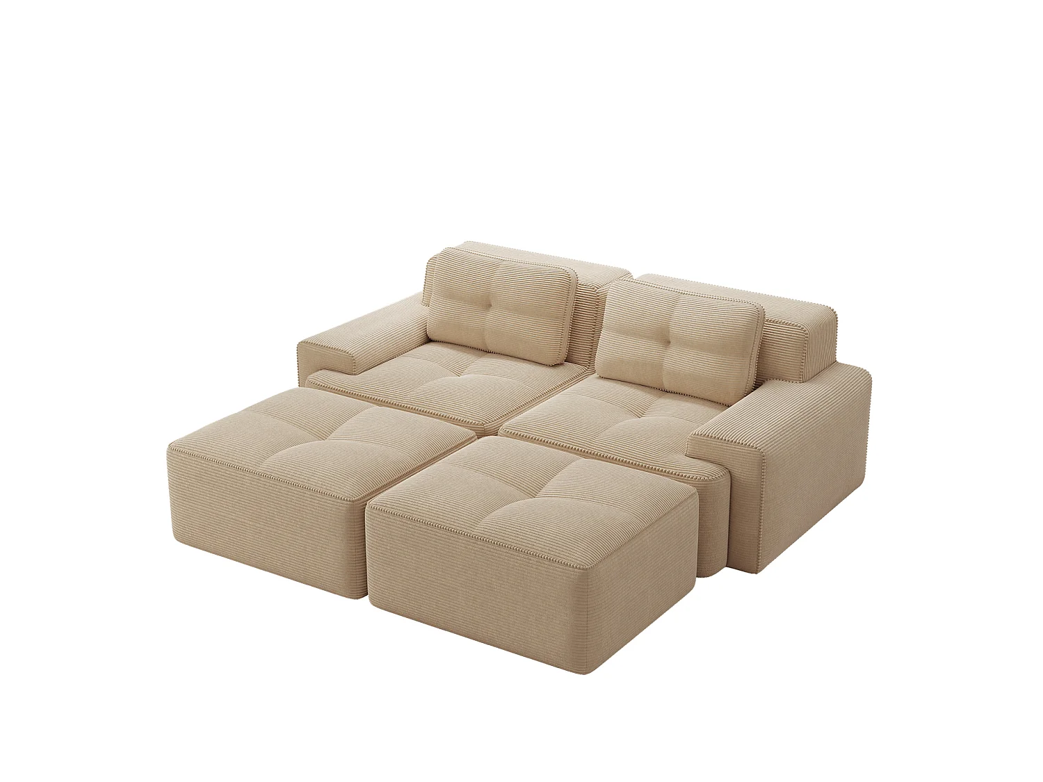 Sofá modular de pana de 2 plazas con 2 otomanas - Beige
