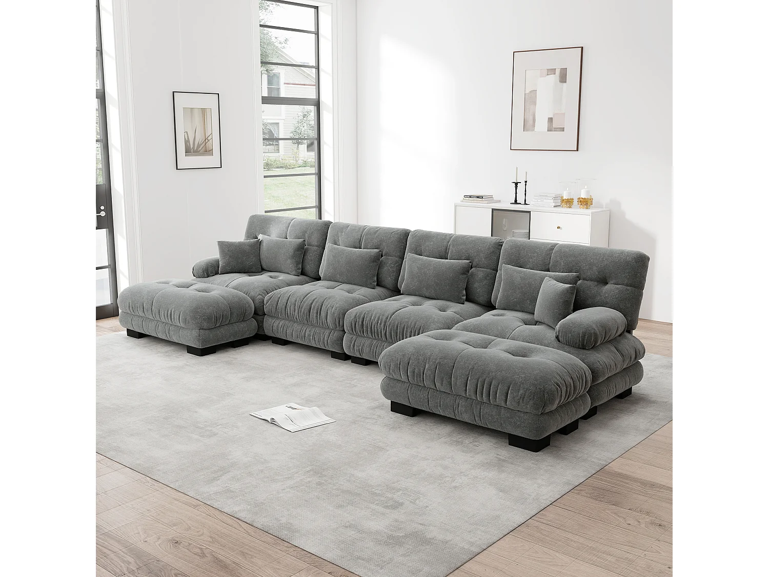 Divano angolare modulare a U a 4 posti, 406 cm, in ciniglia con 2 pouf - Grigio
