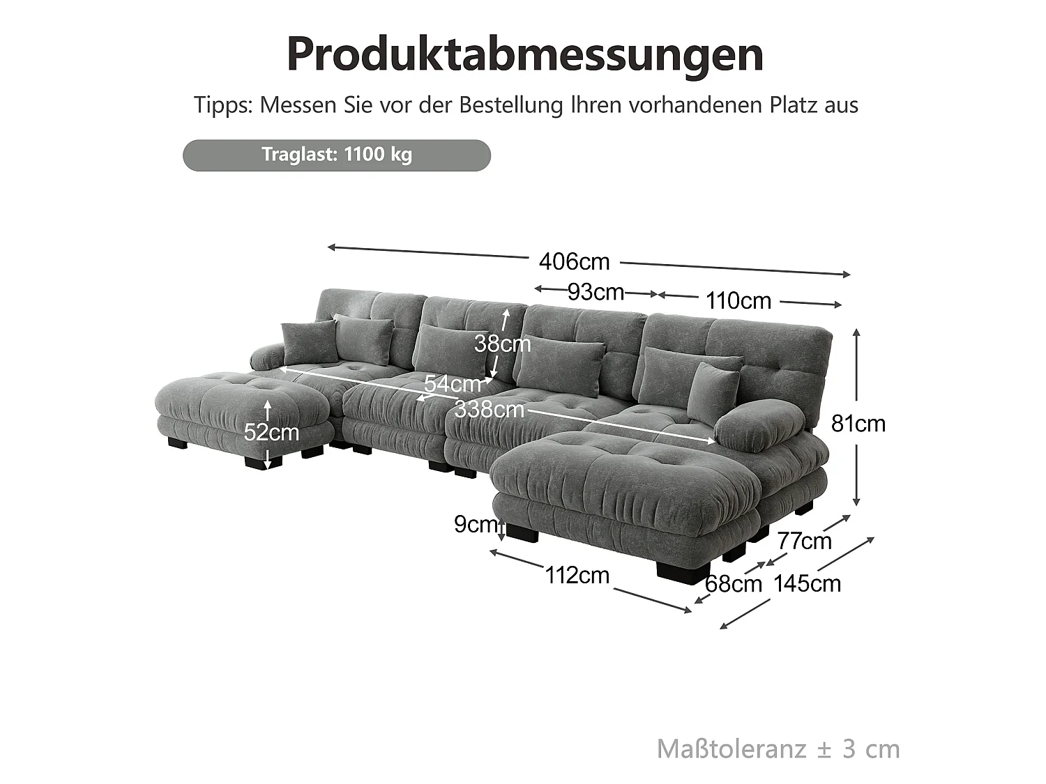 Divano angolare modulare a U a 4 posti, 406 cm, in ciniglia con 2 pouf - Grigio