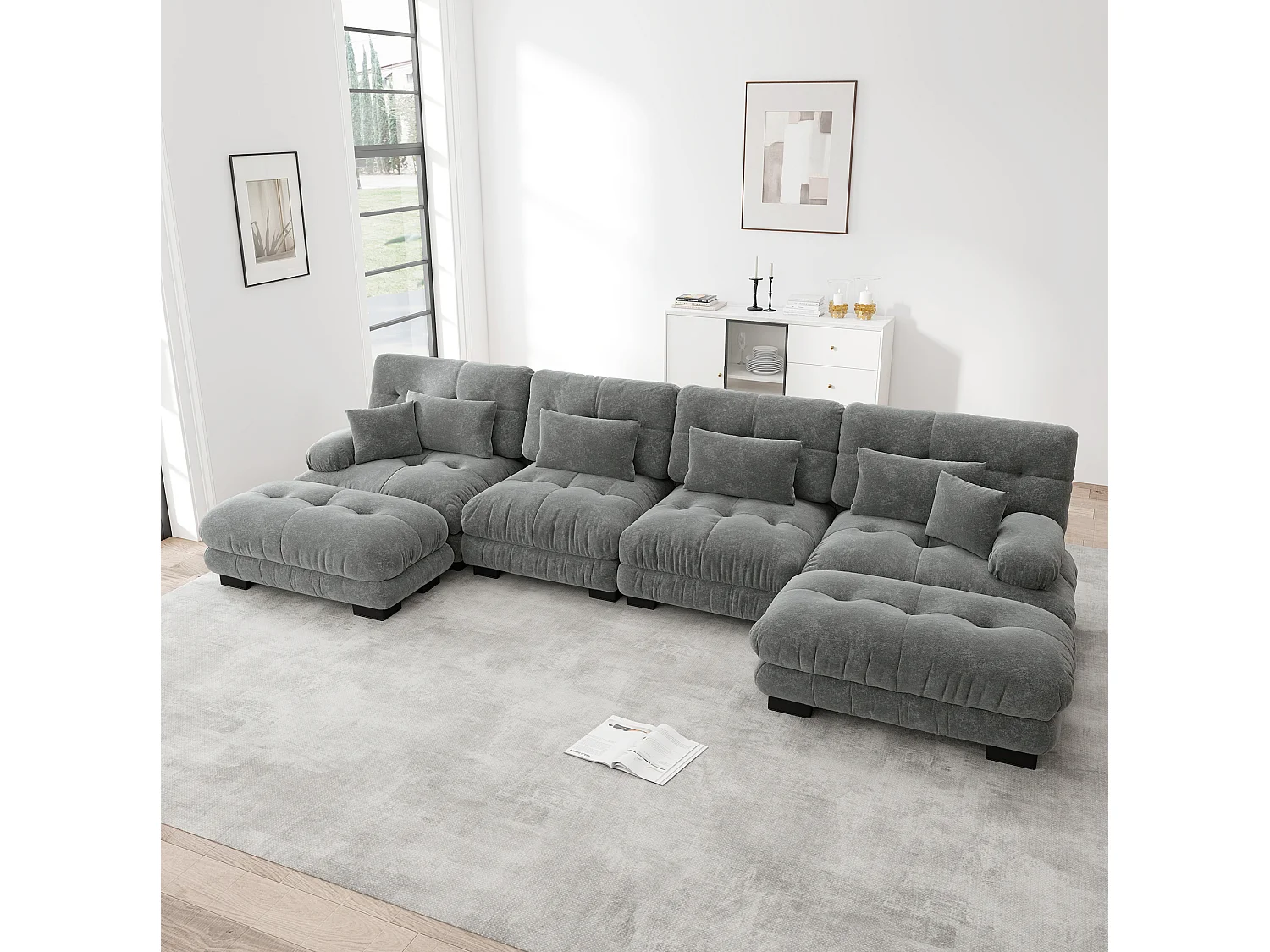 Divano angolare modulare a U a 4 posti, 406 cm, in ciniglia con 2 pouf - Grigio