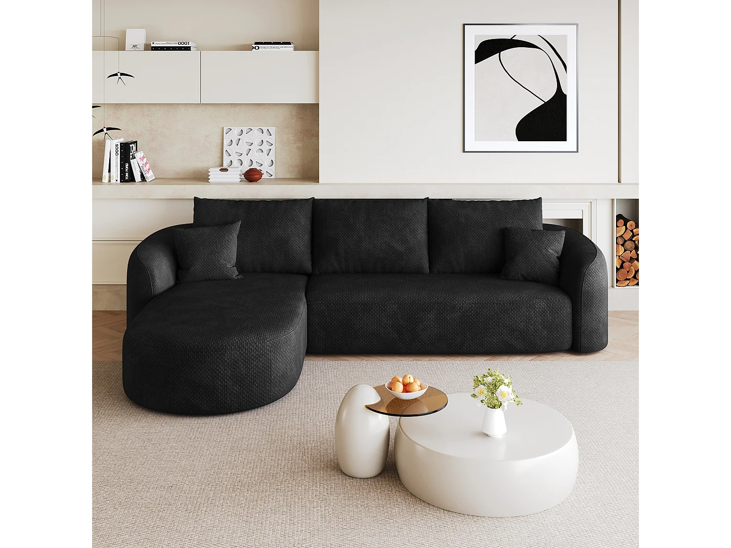Canapé d'angle modulable 3 places 266 cm en chenille - Noir