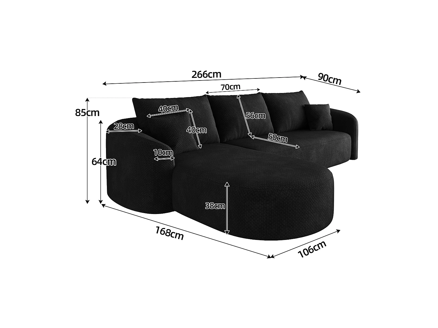 Canapé d'angle modulable 3 places 266 cm en chenille - Noir